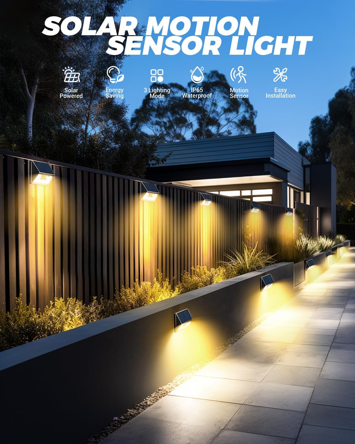vighep Solar Fence Lights 4 Pack, Waterproof Motion Sensor LED, Warm White, Black, Model YHM03A