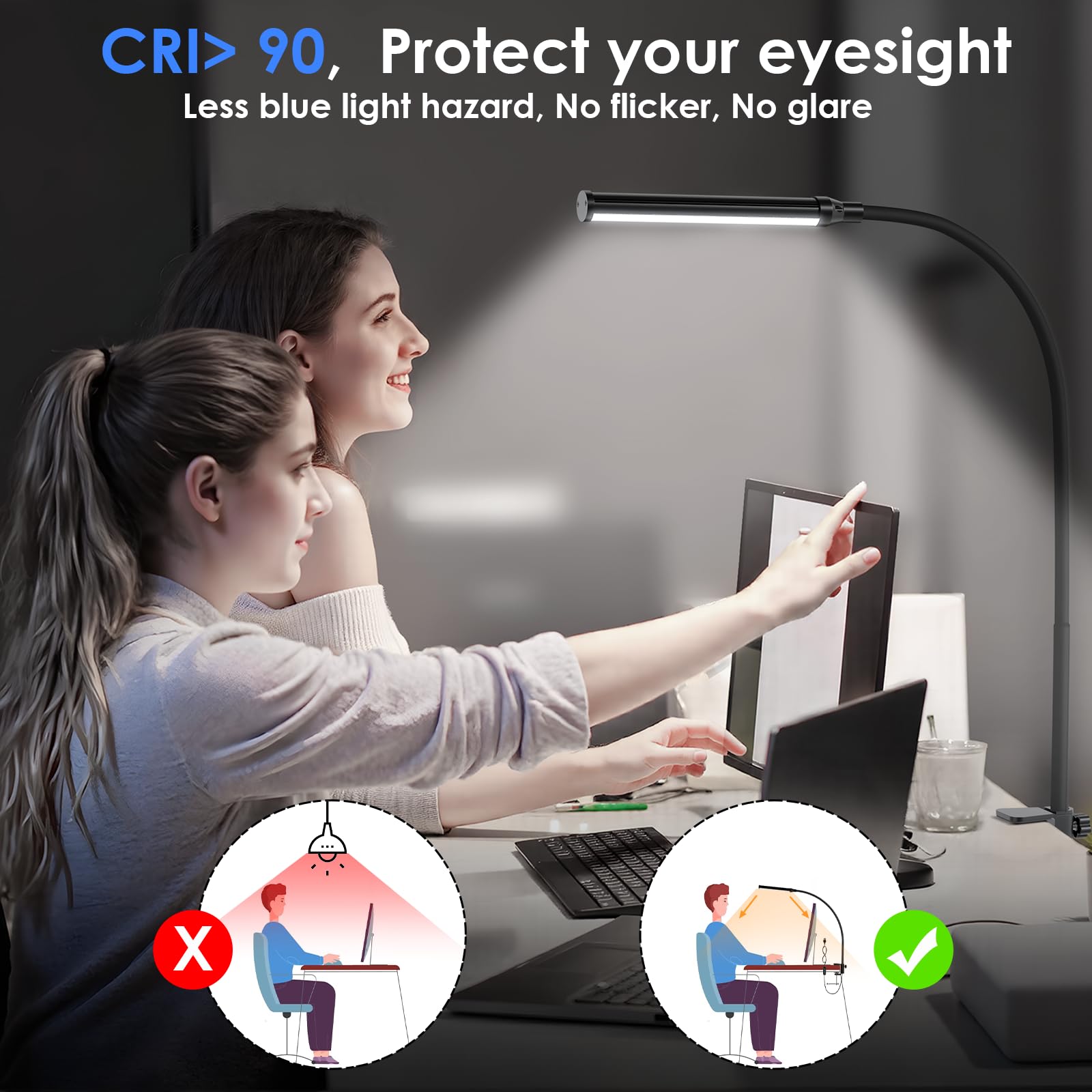 Shinetech Led Desk Lamp With Clamp, 5000K Daylight White 11 Brightness Level Eye-Caring Clip Lights For Home Office, Flexible Go