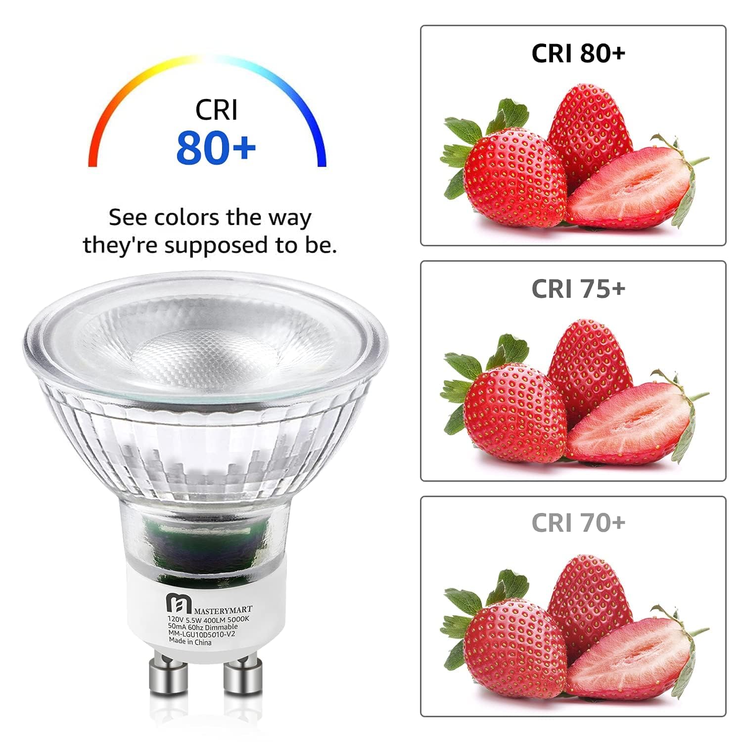 MASTERY MART GU10 LED Light Bulbs 5.5W Dimmable 5000K Daylight White 10 Pack MR16 Spot G10