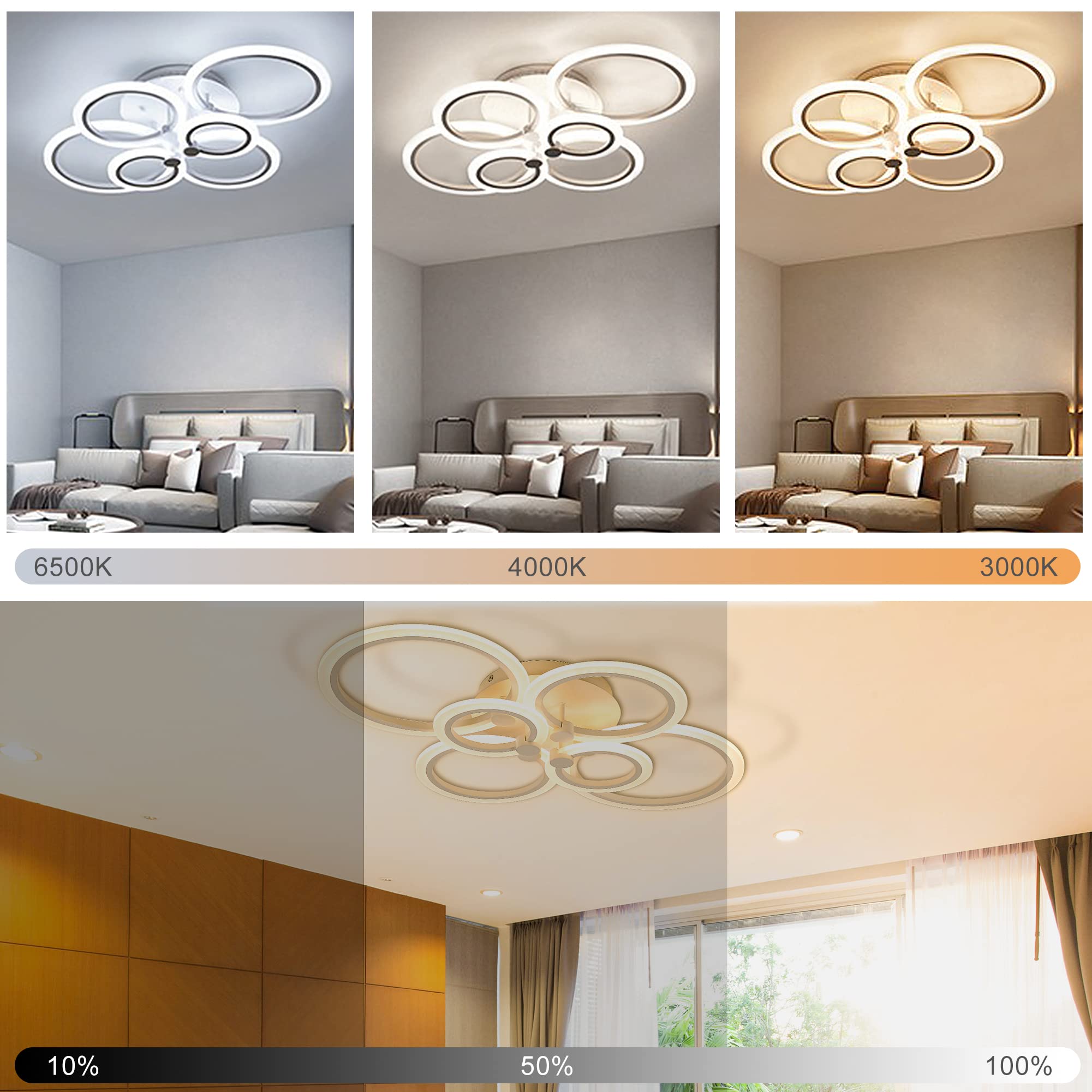 Sjv Modern Ceiling Lights- Dimmable Led Ceiling Lamps 31.4" Flush Mount Led Chandelier Lighting Fixture White 6 Rings Light For Living Kitchen Dining Room, Bedroom 3000/4000/6500K With Remote
