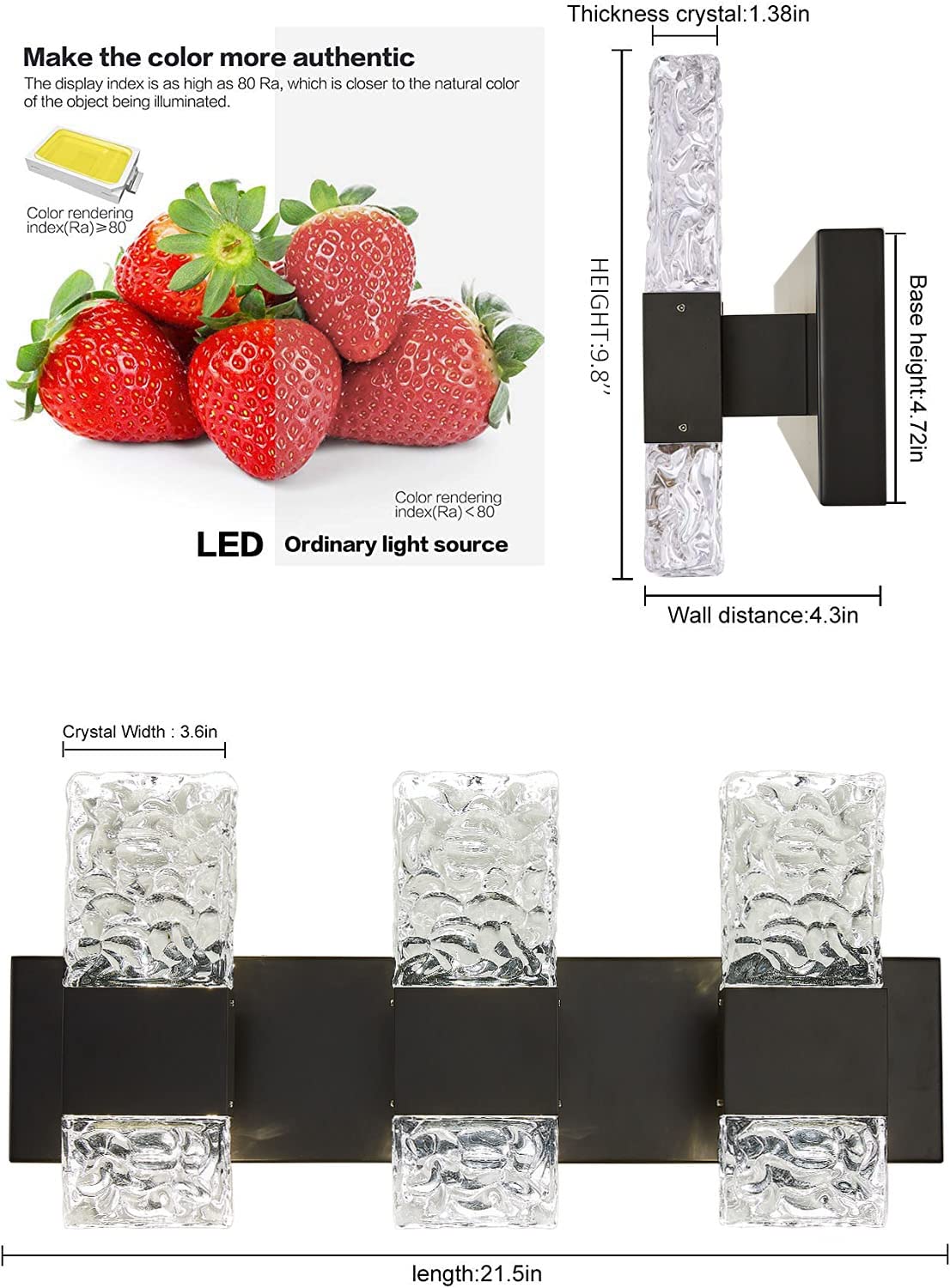 Oylyw Black 3-Light Bathroom Vanity Light Fixture, Modern Led Crystal Wall Light, 6000K
