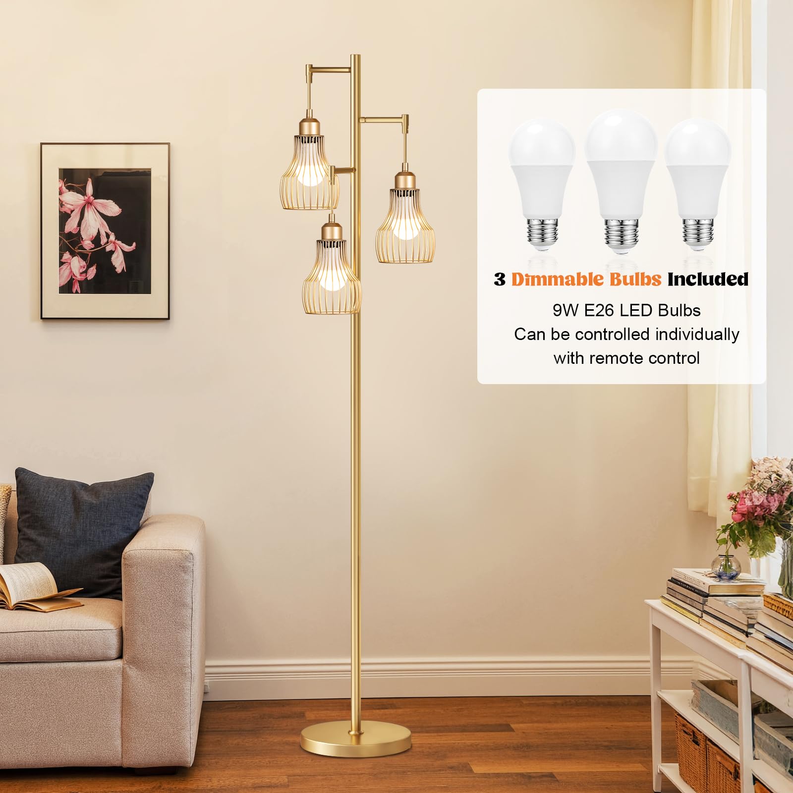 Ziisee Dimmable Gold Floor Lamps For Living Room, Farmhouse Tree Standing Tall Lamp With Remote Control 3 Elegant Cage Shade Led