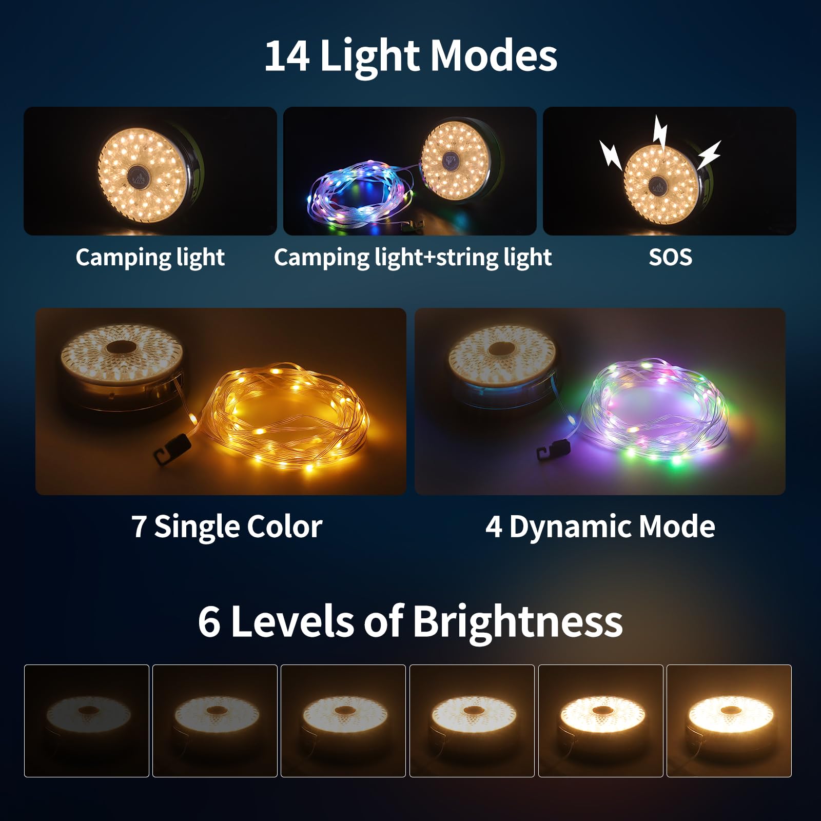 KEIWRLIGHT Camping String Lights 32.8FT, 14 Lighting Modes, IP44 Waterproof, 4000mAh Battery, Black, Model JSK-L21