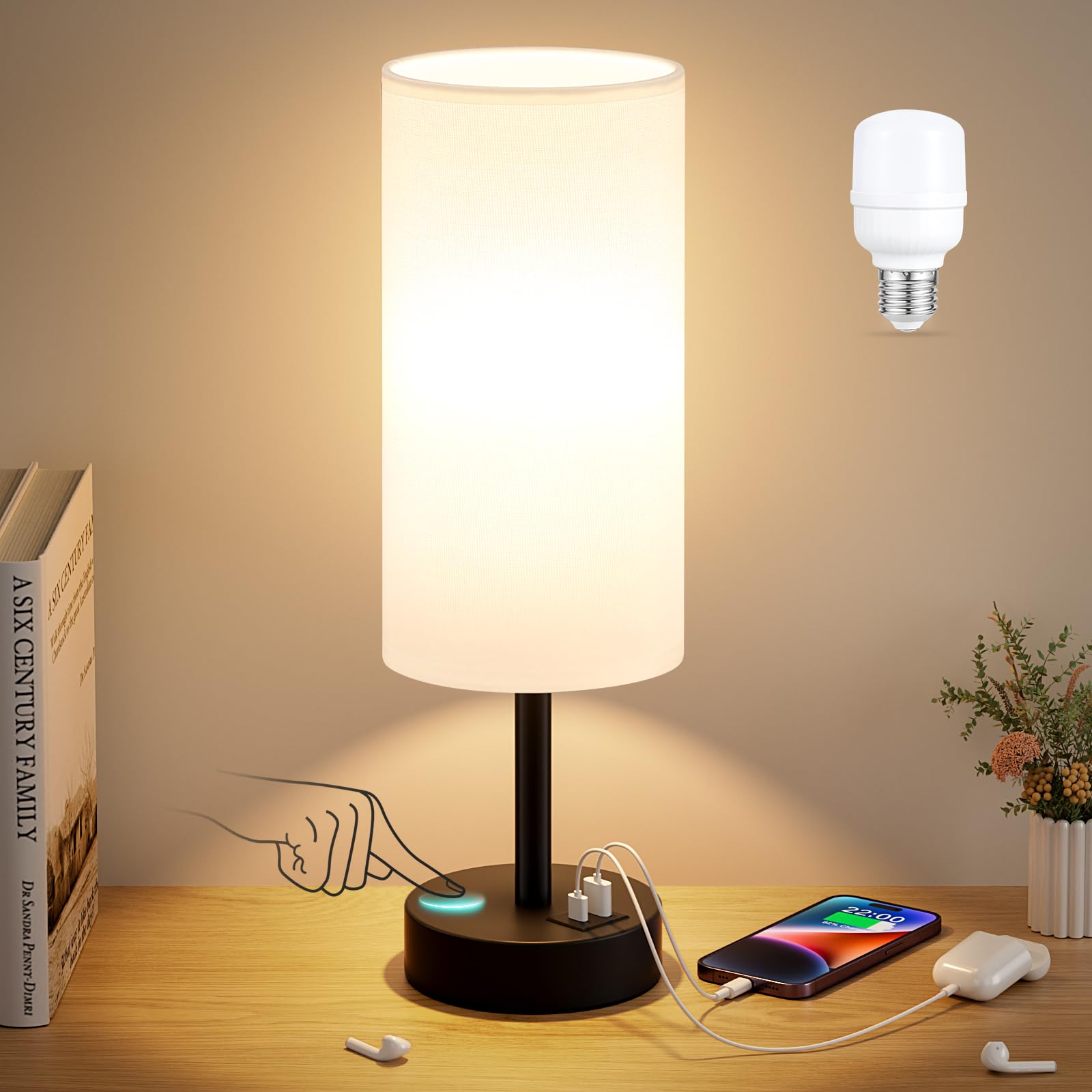 White Touch Table Lamp with USB - 3 Way Dimmable Bedside Lamp for Nightstand, Bedroom Lamp with Black Charging Station for Desk,