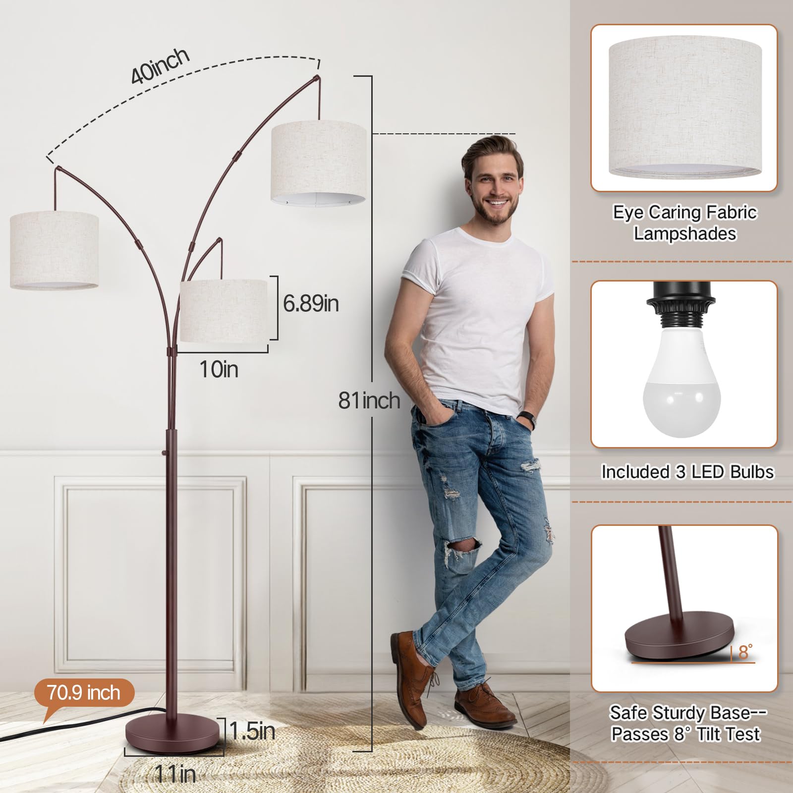 OUTON Tall Arc Floor Lamp, Modern 3-Light Arched Design, Beige Linen Shade, Energy-Efficient LED Bulbs Included, Ideal for Bedroom & Office