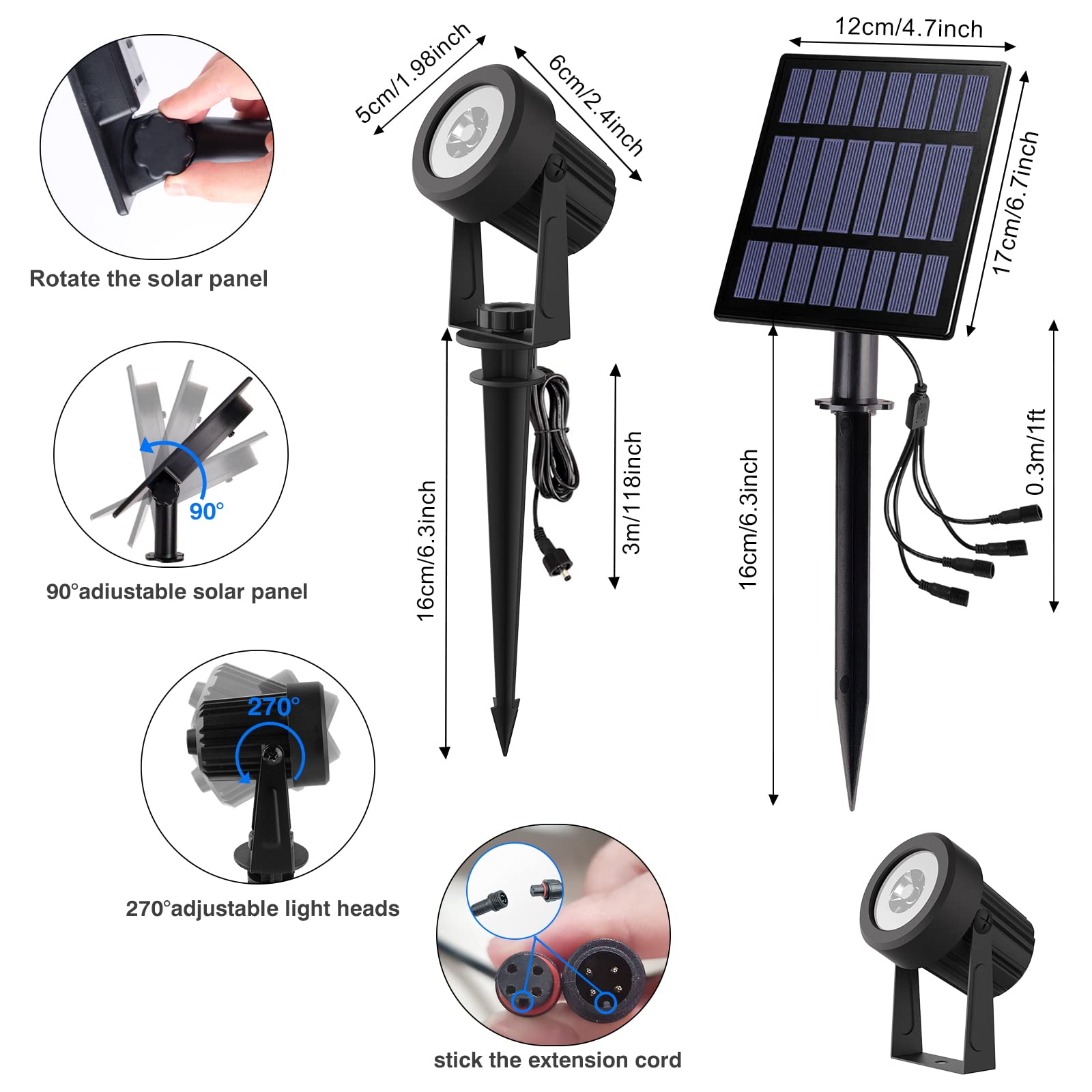 T-SUNUS Solar Spot Lights - RGB Color Changing, Waterproof IP65, 4-IN-1, 9.8ft Cable, Ideal for Patio, Garden, Holiday Decoration