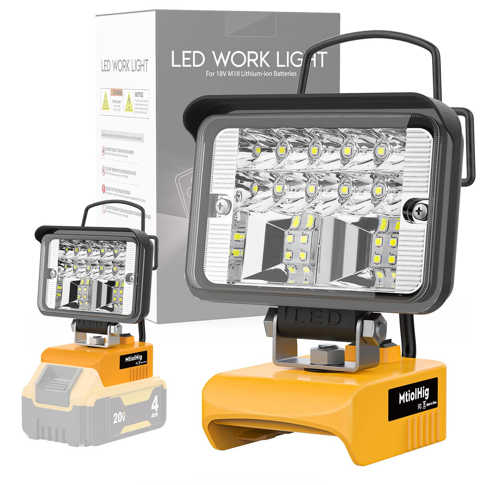 MtiolHig Cordless LED Work Light - 20W, 2000 Lumens, USB & Type-C Charging, Compatible with Dewalt 18V/20V Batteries, Portable for
