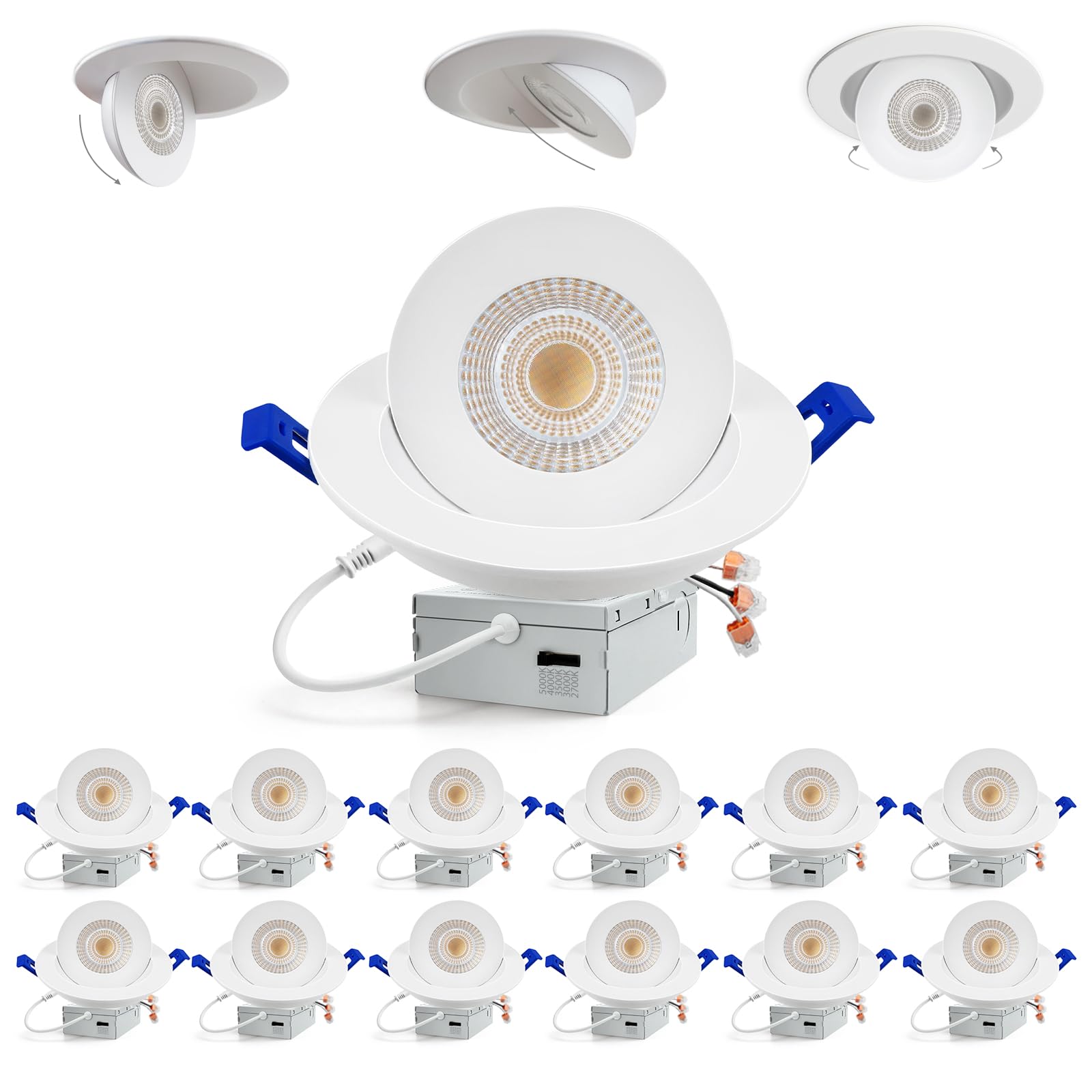 Adetu Recessed Lighting 6 inch, 360+90 Adjustable Directional 6 inch Gimbal Led Recessed Light, 2700K-5000K 5CCT Dimmable Retrof
