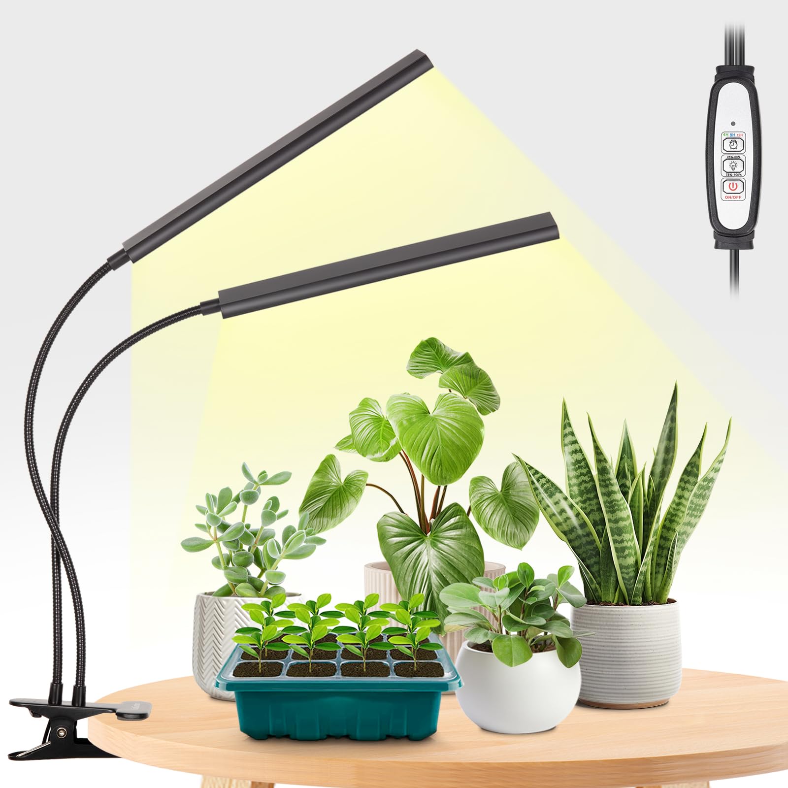 FOXGARDEN® Grow Light Full Spectrum, Dual Head Plant Lights for Indoor Growing with Flexible Gooseneck, 104 LEDs Clip Grow Lamp with 4/8/12H Timer, 4 Brightness Levels, Ideal for Indoor Growth