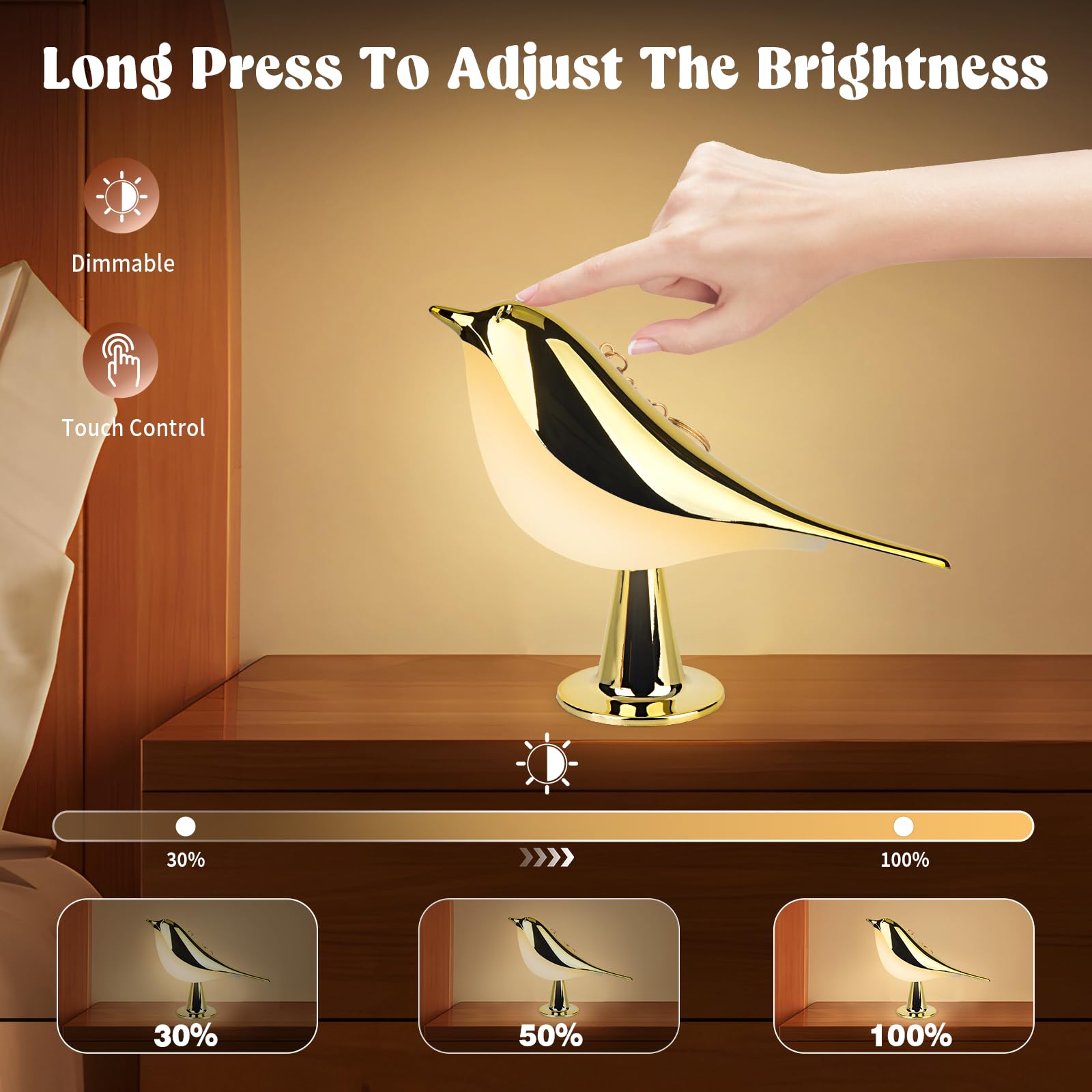 Yotozu Small Bird Touch Lamp, Dimmable And Cordless Bird Night Light, Usb Rechargeable Touch Sensor Control Table And Desk Lamp With Aroma Diffuser Function For Bedroom (Gold)