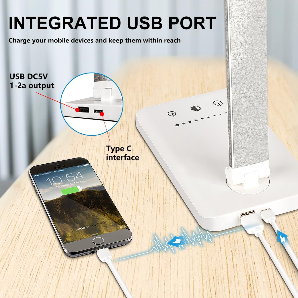 White Crown LED Desk Lamp with USB Port, Dimmable, 5 Modes, Timer, First-Generation, Silver, Model QM019