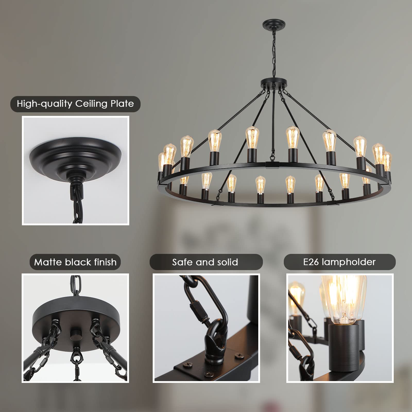 Senyshilon 20-Light Black Wagon Wheel Chandelier, 48&quot; Farmhouse Light Fixture For High Ceilings
