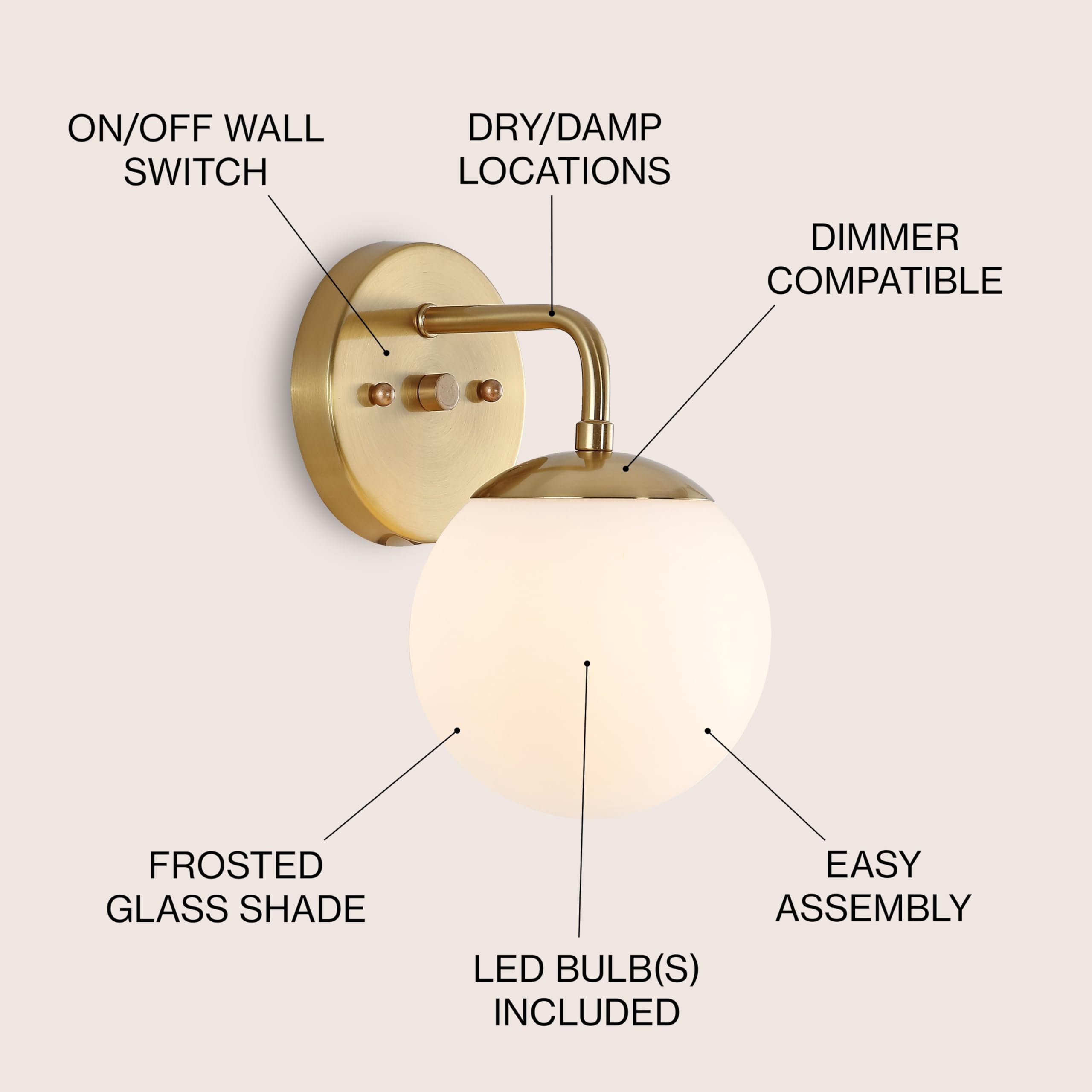 JONATHAN Y 1-Light LED Vanity Light, Brass Gold, Modern Metal/Frosted Glass, Model JYL3534A, 5.75" for Entryway, Bathroom, Bedroom