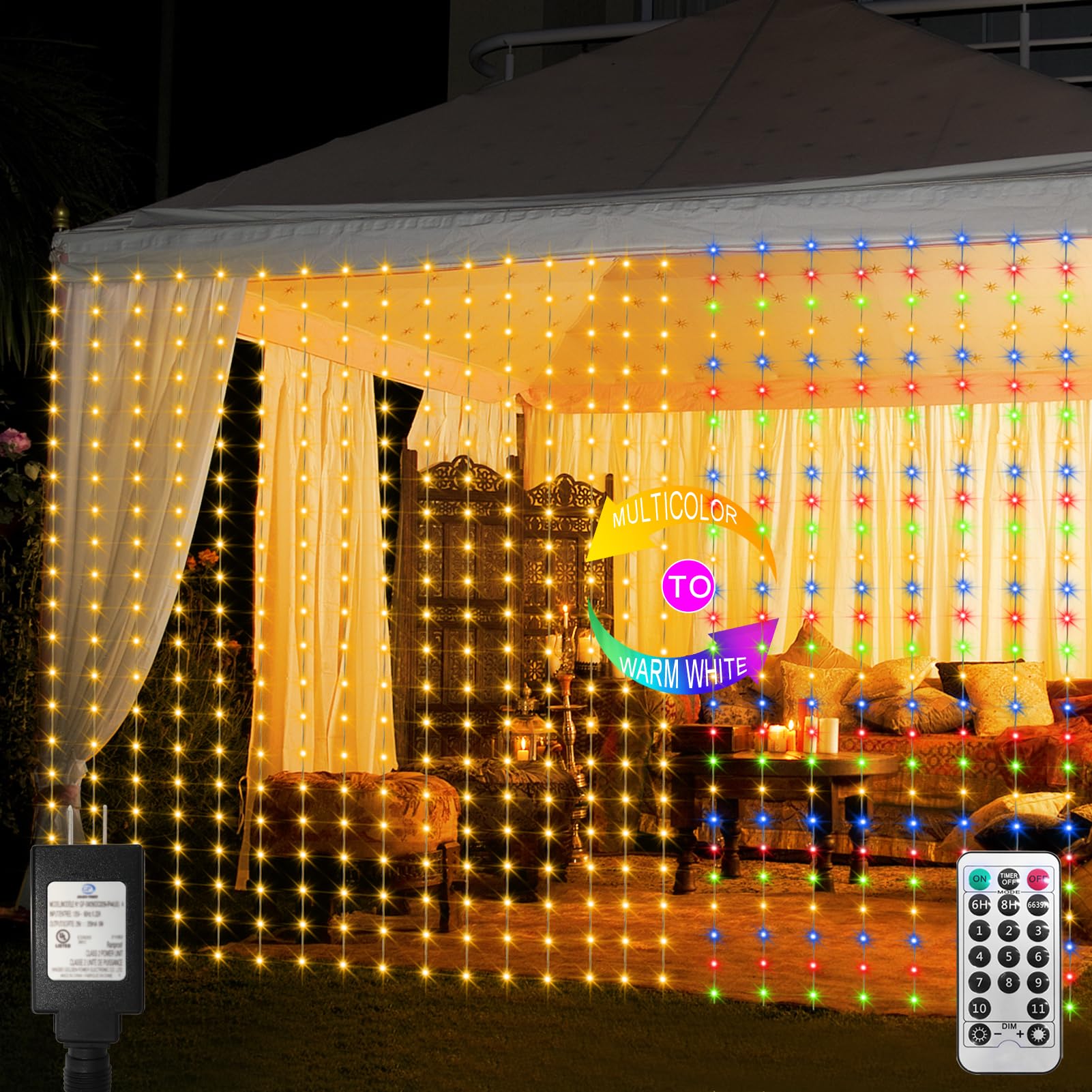 echosari 600 LED Curtain Lights, 20Ft x 10Ft, Dual Color Changing, Waterproof, Warm White & Multicolor, Model DMO-300