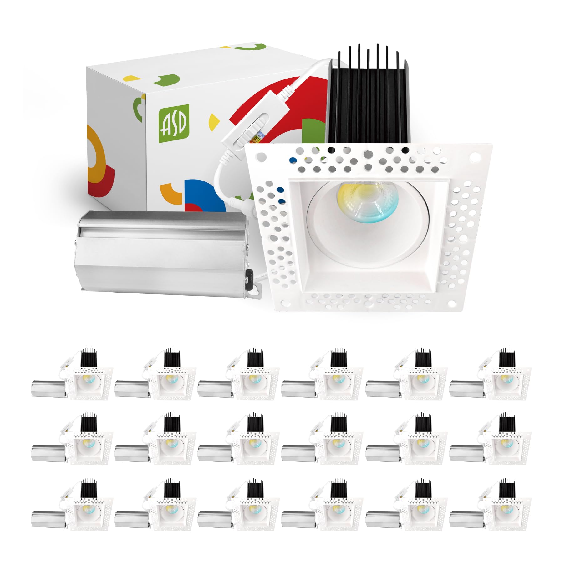 ASD LED Recessed Lighting Downlight 15W Square 2in IC Rated 5 CCT 2700K-5000K Energy Star White 18 Pack Model A-CD-TS
