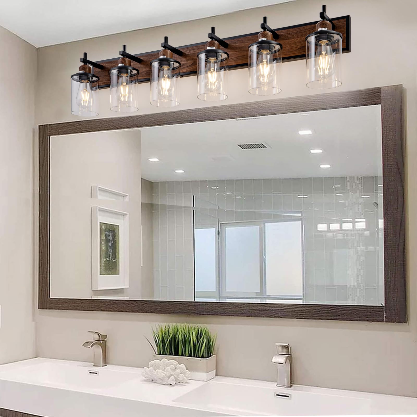 Lanhall 6-Light Farmhouse Bathroom Light Fixtures Vintage Bathroom Vanity Lights Over Mirror Black And Wood Painted Metal Vanity