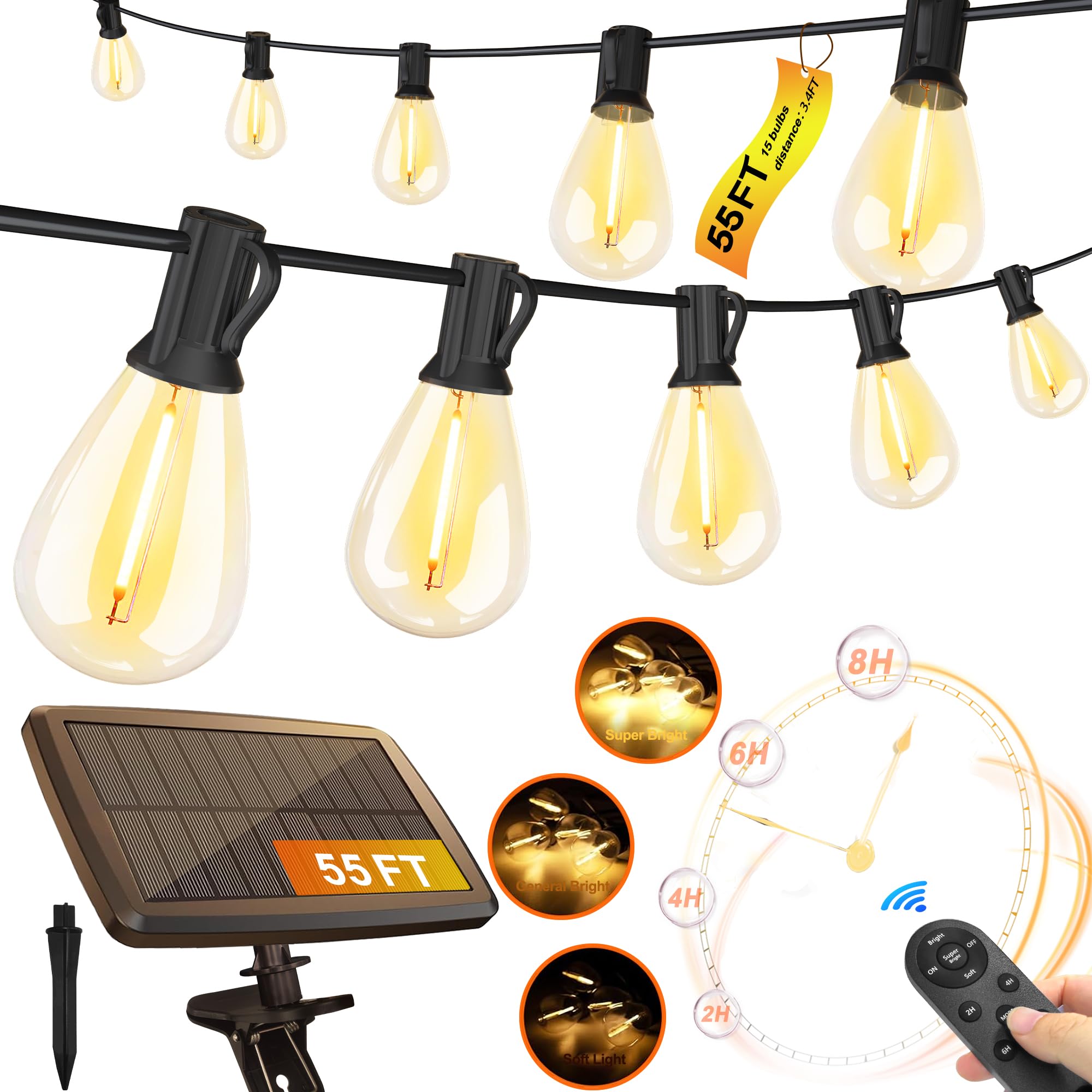 Stright 55FT Solar String Lights Outside Remote Control with USB Charging Port E12 S14 Bulbs  55 Feet 15 Sockets Outdoor Lights Dimmable Solar Power LED Bulbs for Patio Garden Market Bistro Backyard
