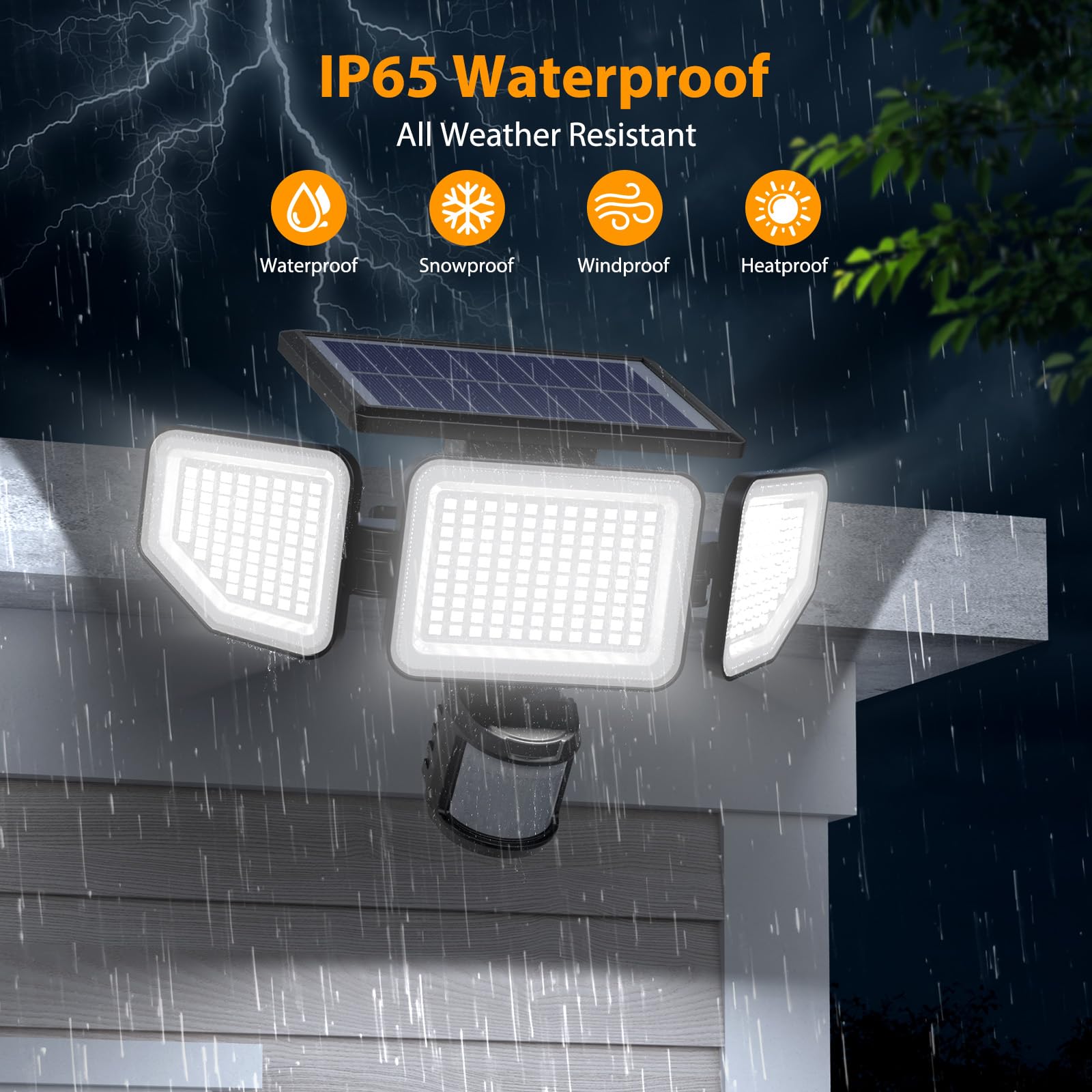 Onforu Solar Lights Outdoor 4500LM, 3 Heads IP65 Waterproof Motion Sensor with Remote Control, Black, 2 Pack