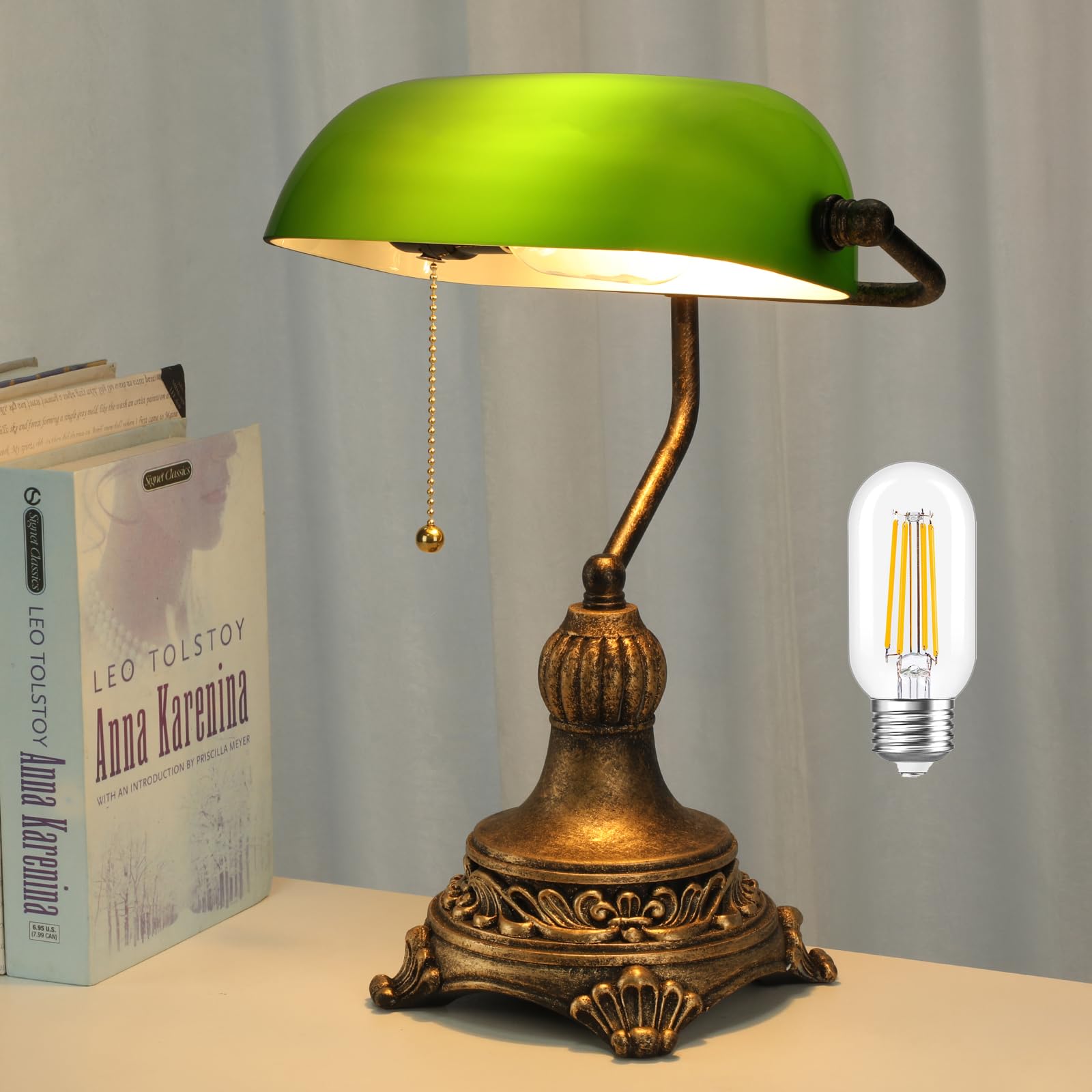 NISSAFORS Green Glass Bankers Lamp with Pull Switch, Retro Black/Gold Finish, Vintage Table Lamp for Home Office & Library, LED Bulb Included