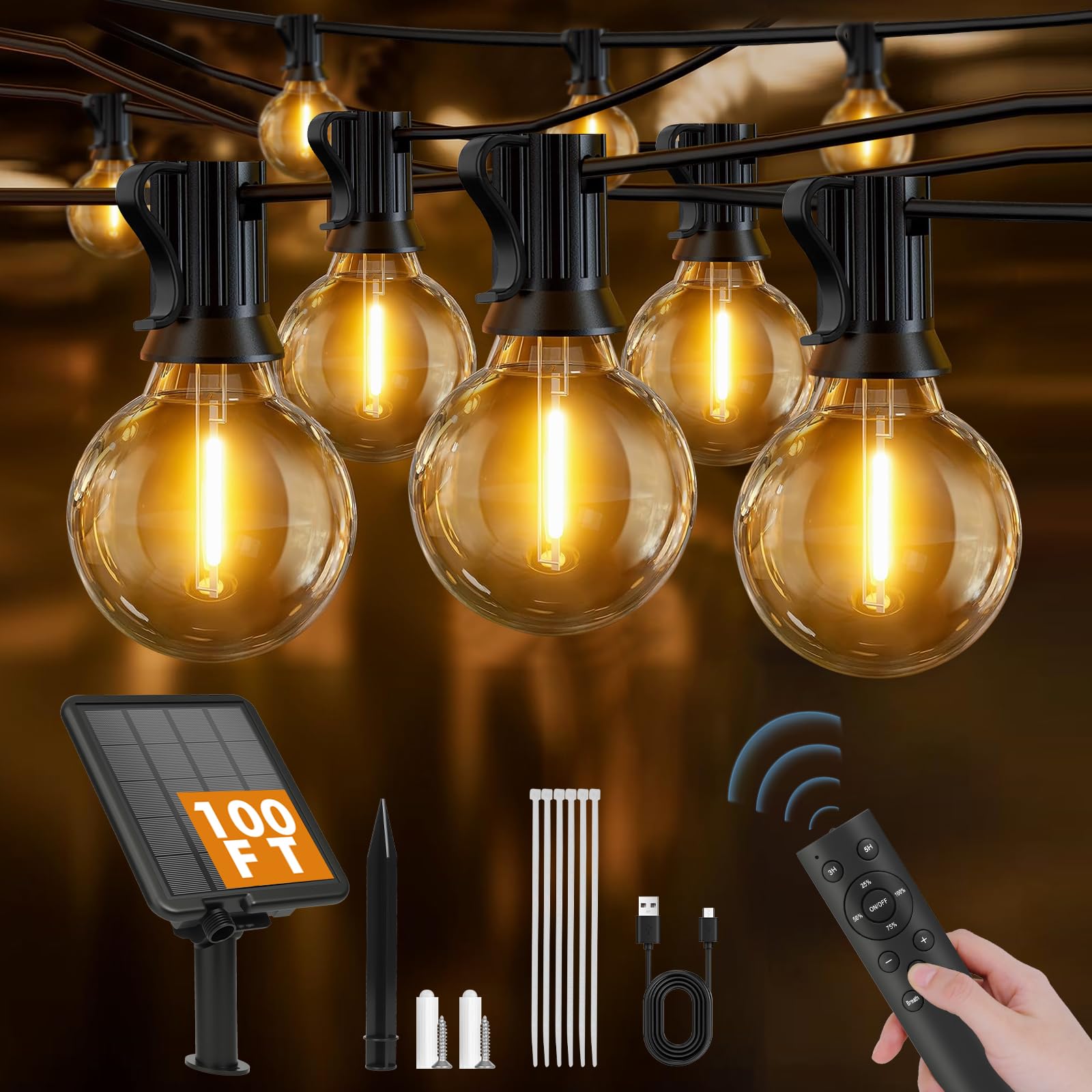 Solar String Lights Outdoor 100ft - 36+2 Shatterproof & Waterproof G40 LED Bulbs, Remote Control w/ 4 Dimming,3 Light Modes & Ti