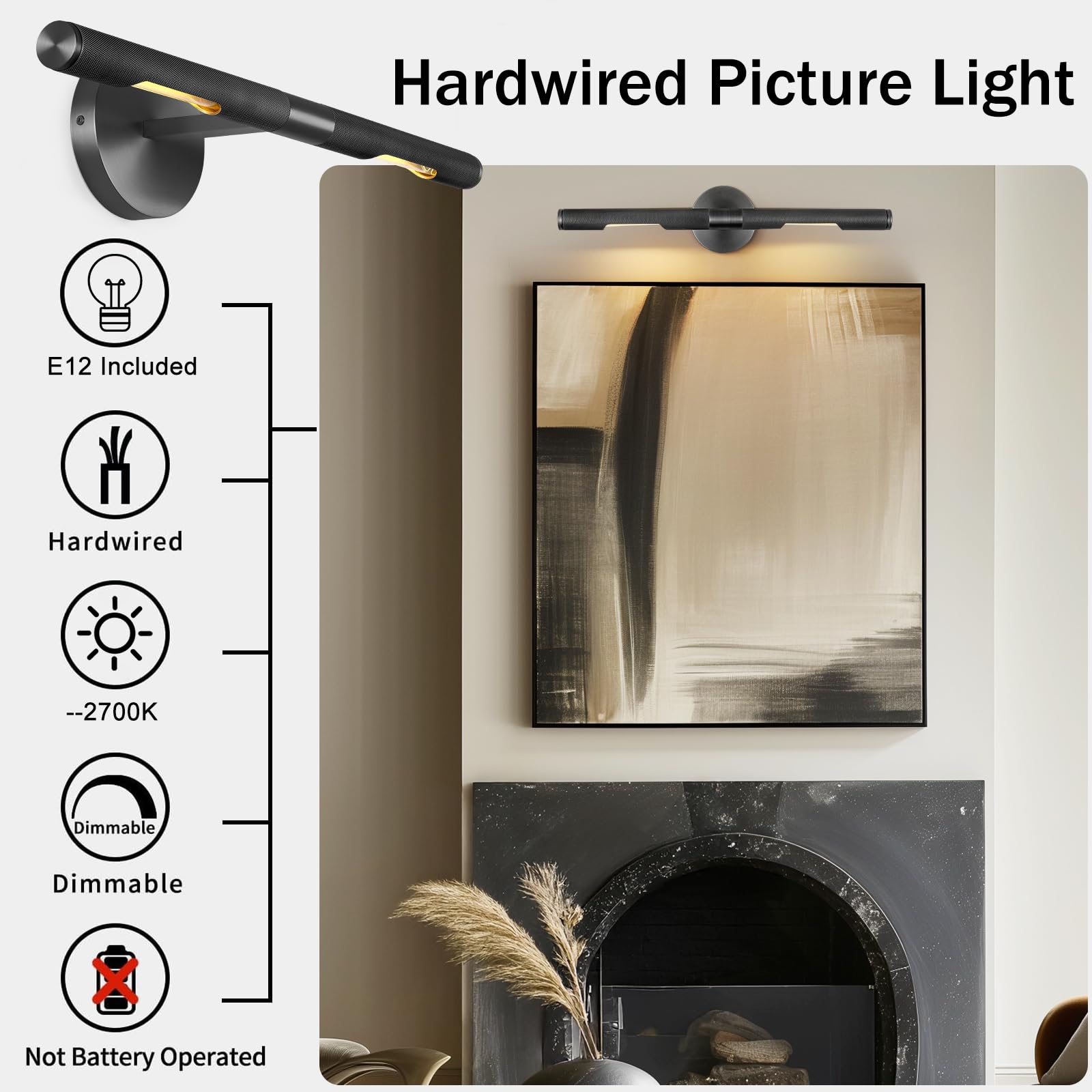 Hard-Wired Knurled Picture Light, 24In Black Picture Light For Wall, Dimmable Art Light, Rotatable 360 Picture Frame Light, Pain
