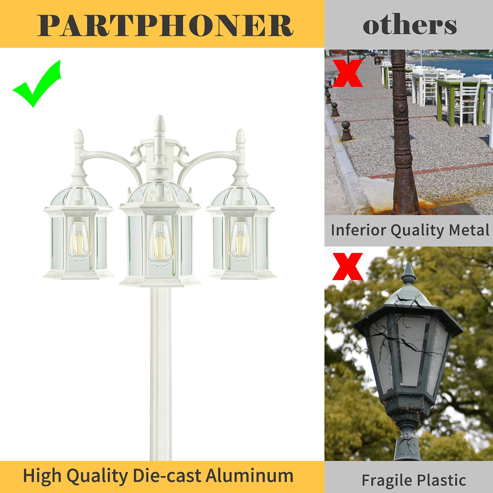 PARTPHONER 3-Head Outdoor Lamp Post Light, Waterproof White Glass Shade, Model PA1201White for Yard, Garden, Patio, Driveway