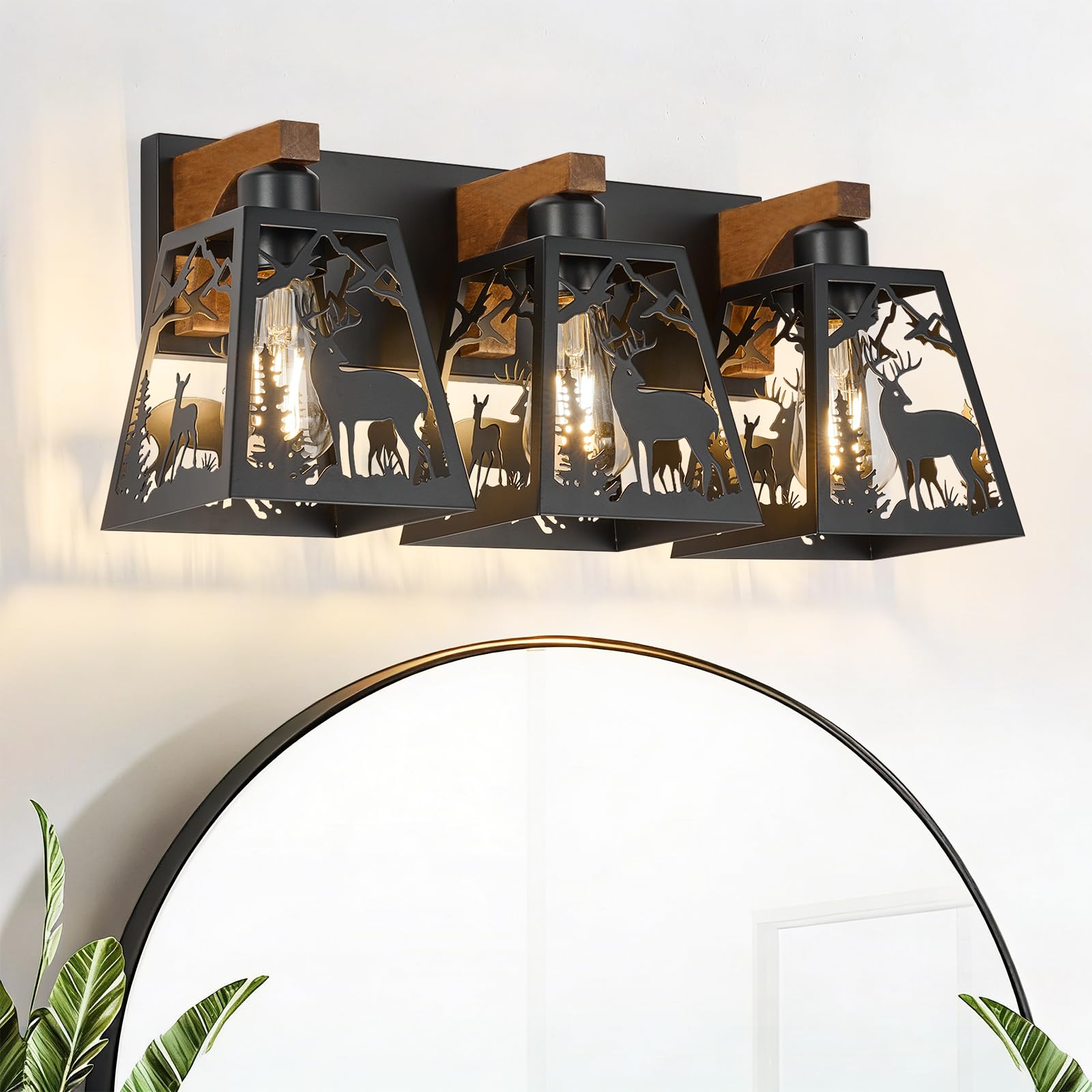 Criticn Farmhouse Rustic Deer Bathroom Light Fixtures, 3 Light Wooden Vanity Lights for Bathroom, Living Room, Bedroom, Hallway,