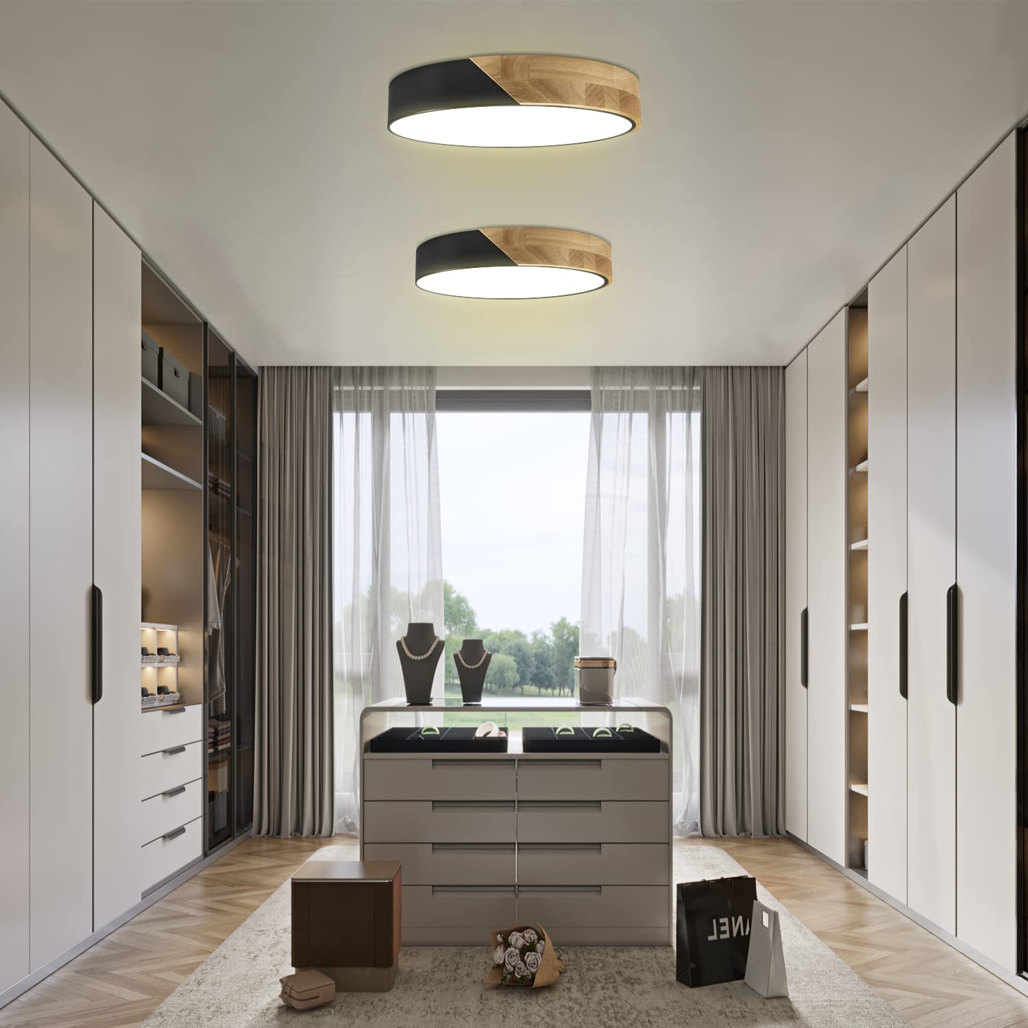 Led Ceiling Light Flush Mount: 12 Inch 24W Bedroom Light Fixture With Round Wood Modern Black Flat Overhead Minimalist Ceiling Lamps For Kitchen Hallway Laundry Warm White 3000K, Not Dimmable