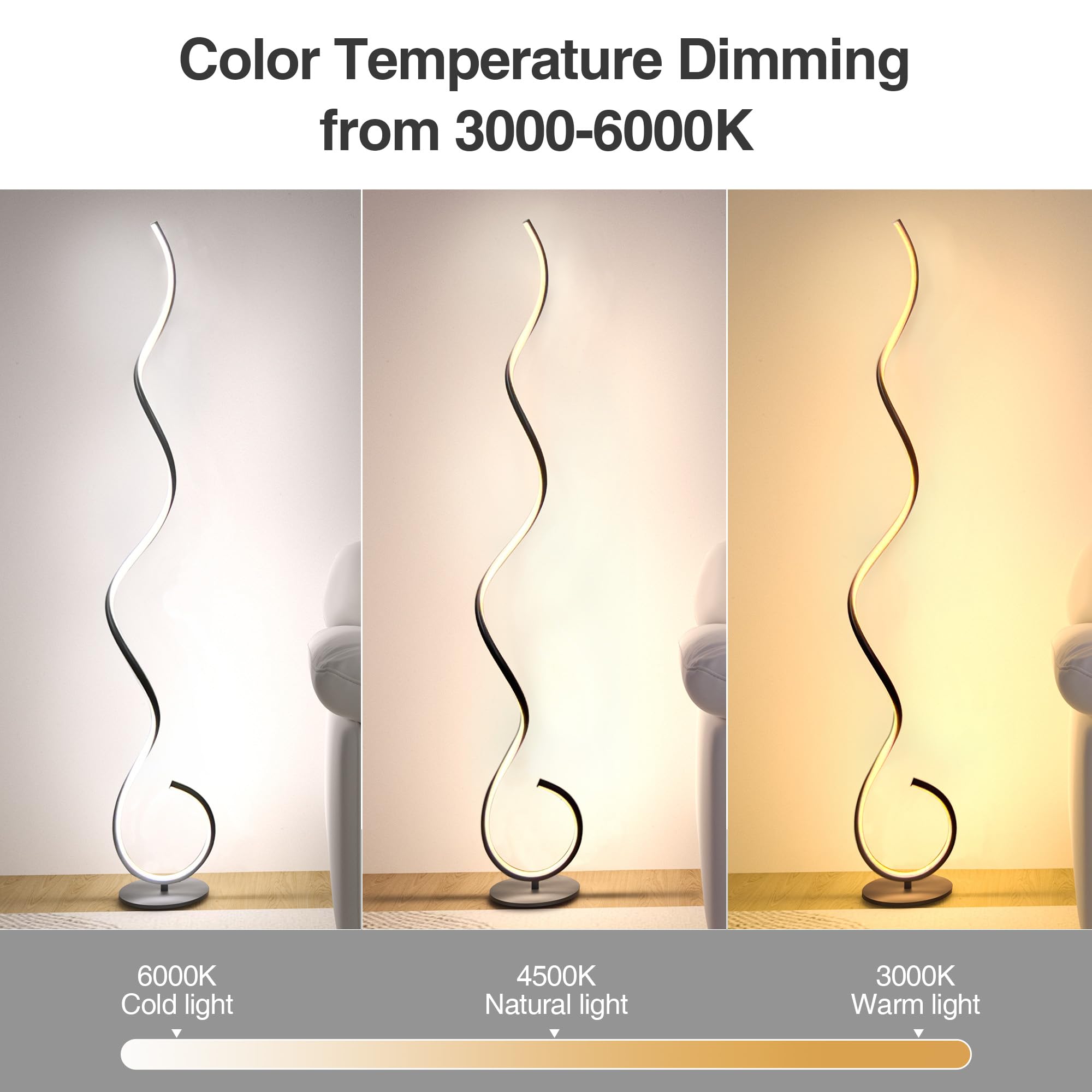CHICLUX LED Floor Lamp, Dimmable 3 Color Temperatures, Metal, Model LX-87122, Spiral Design, Modern Light for Living Room and Office