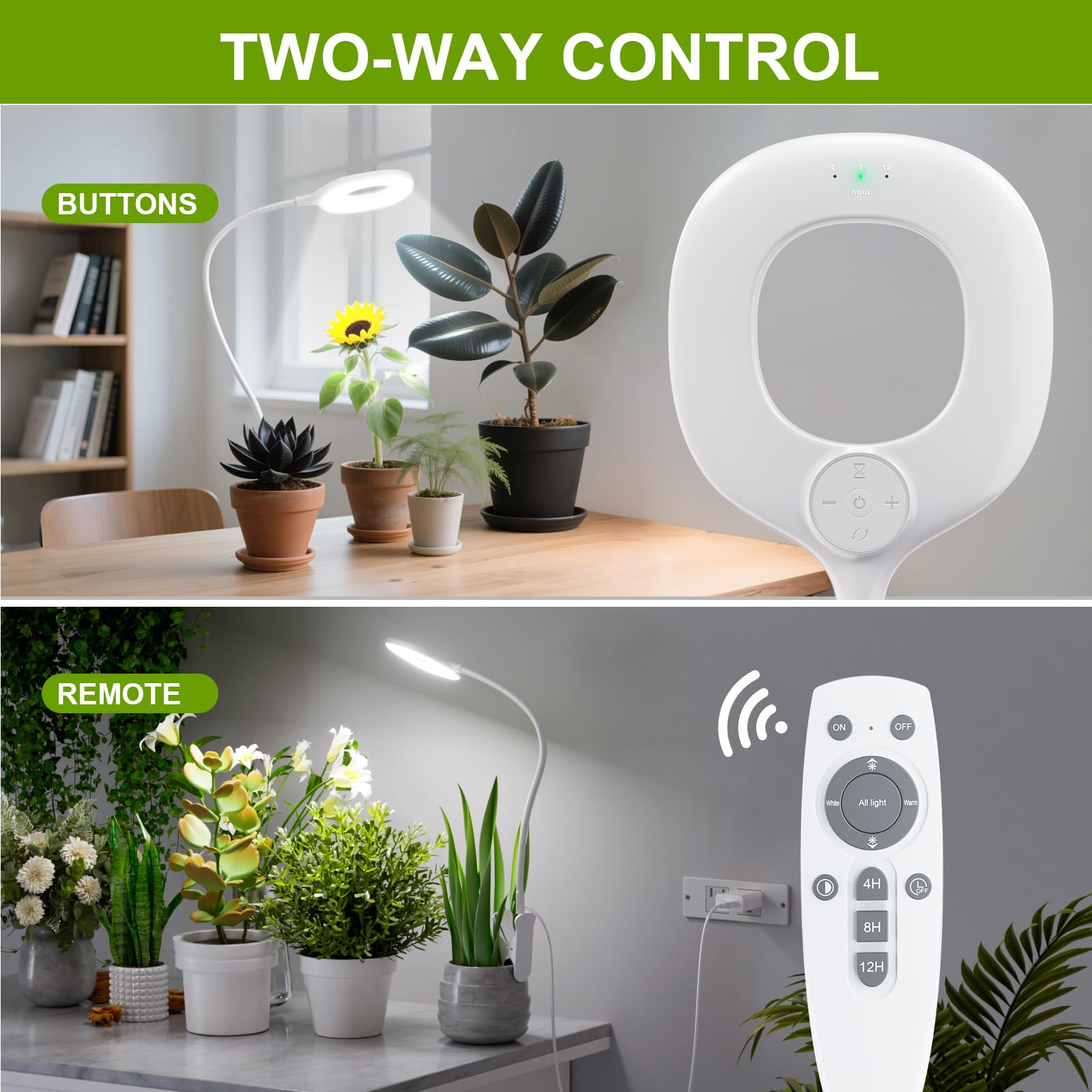 POBOMVOM Full Spectrum Grow Light with Timer, 3 Modes, 10 Dimmable Levels, Adjustable Gooseneck, Remote Control, White, Model PGLight-1P