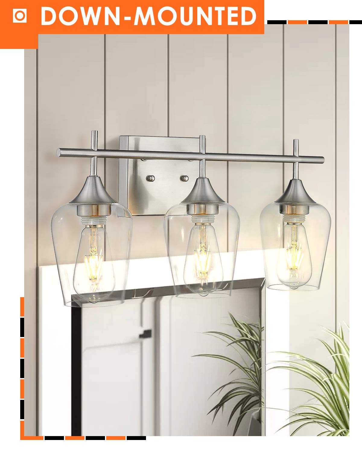 Osimir 3-Light Bathroom Vanity Light Fixtures, Brushed Nickel, Metal, Modern Farmhouse Sconces, Clear Glass Shade, Model WL9167