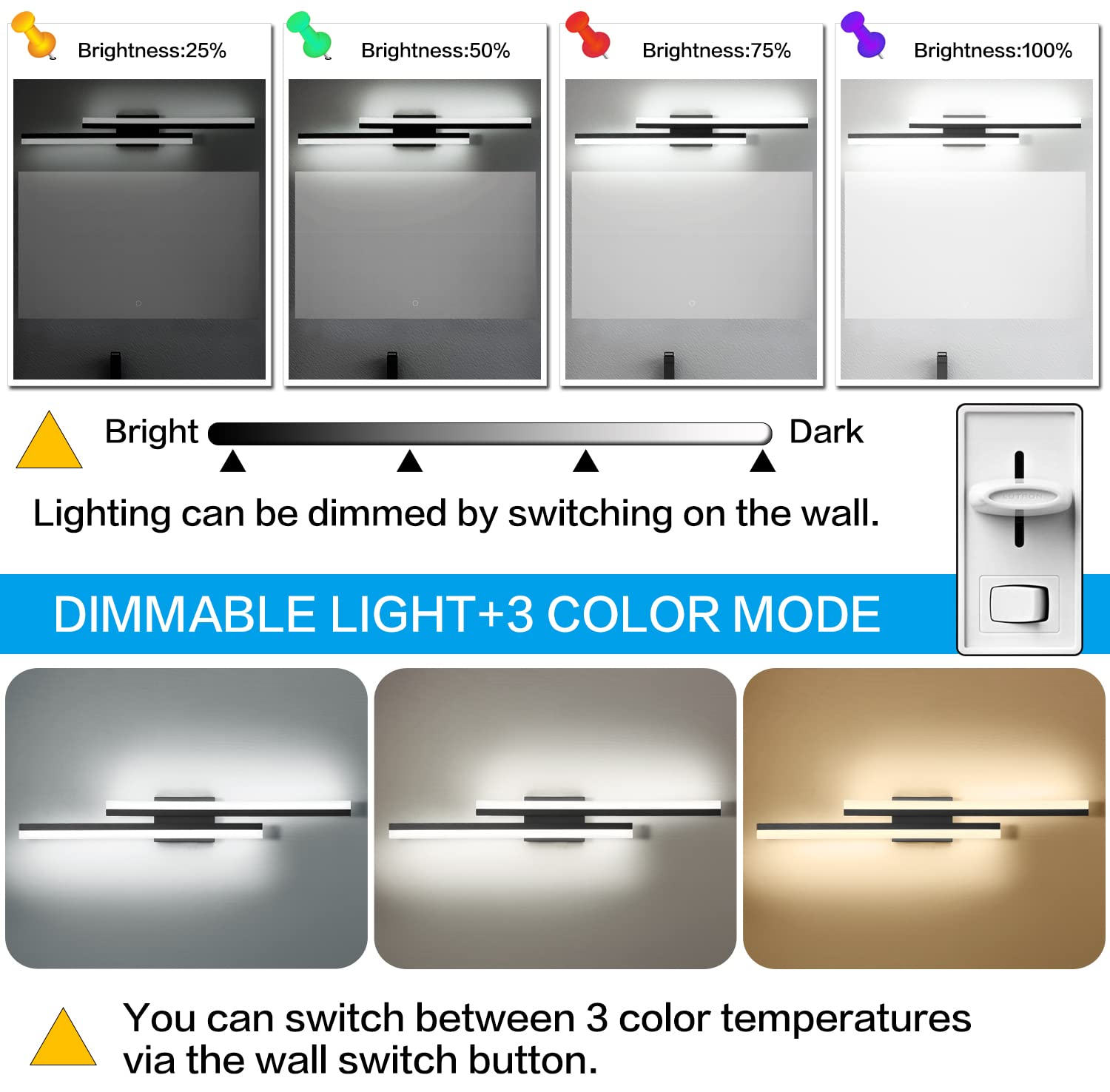 Presde Bathroom Vanity Light Dimmable 3 Colors Changeable 32In Modern Black Led Bathroom Light Fixtures Over Mirror Bath Wall Li