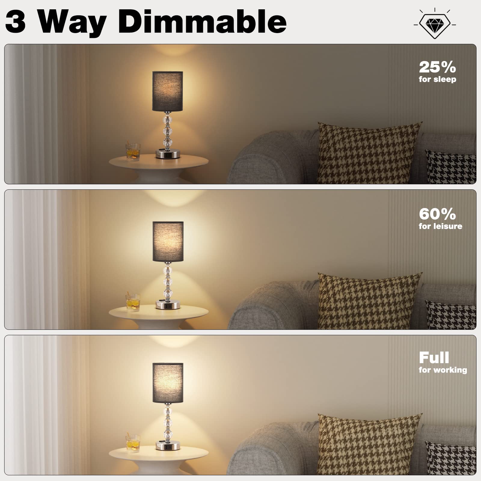Acaxin Black Touch Bedside Lamp - Crystal Table Lamp with USB C+A Ports, 3-Way Dimmable, 14.6in for Living Room/Bedroom