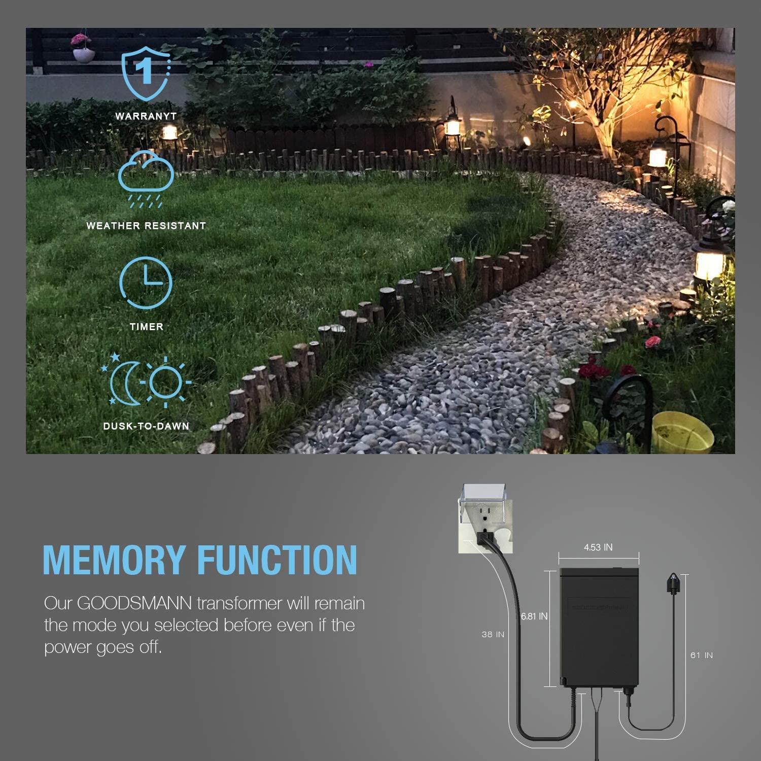 GOODSMANN 120W Low Voltage Transformer for Landscape Lights, Black, Photo Eye Sensor & Timer, Model 9920-9120-01