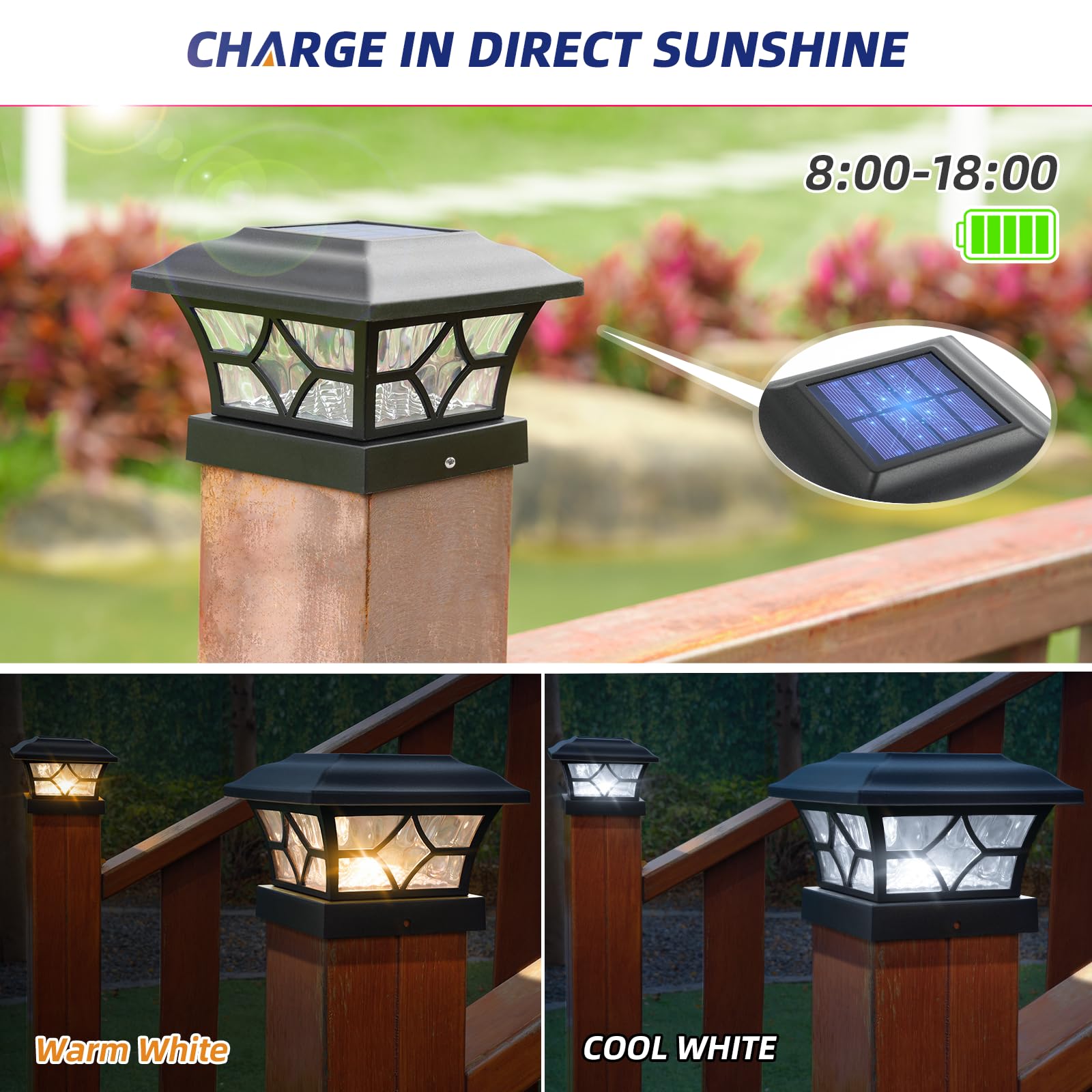 APONUO Solar Lighted Post Caps, 4x4 & 6x6, 2 Color Modes, Waterproof, Black, 8 Pack, Model M002-B8, Plastic