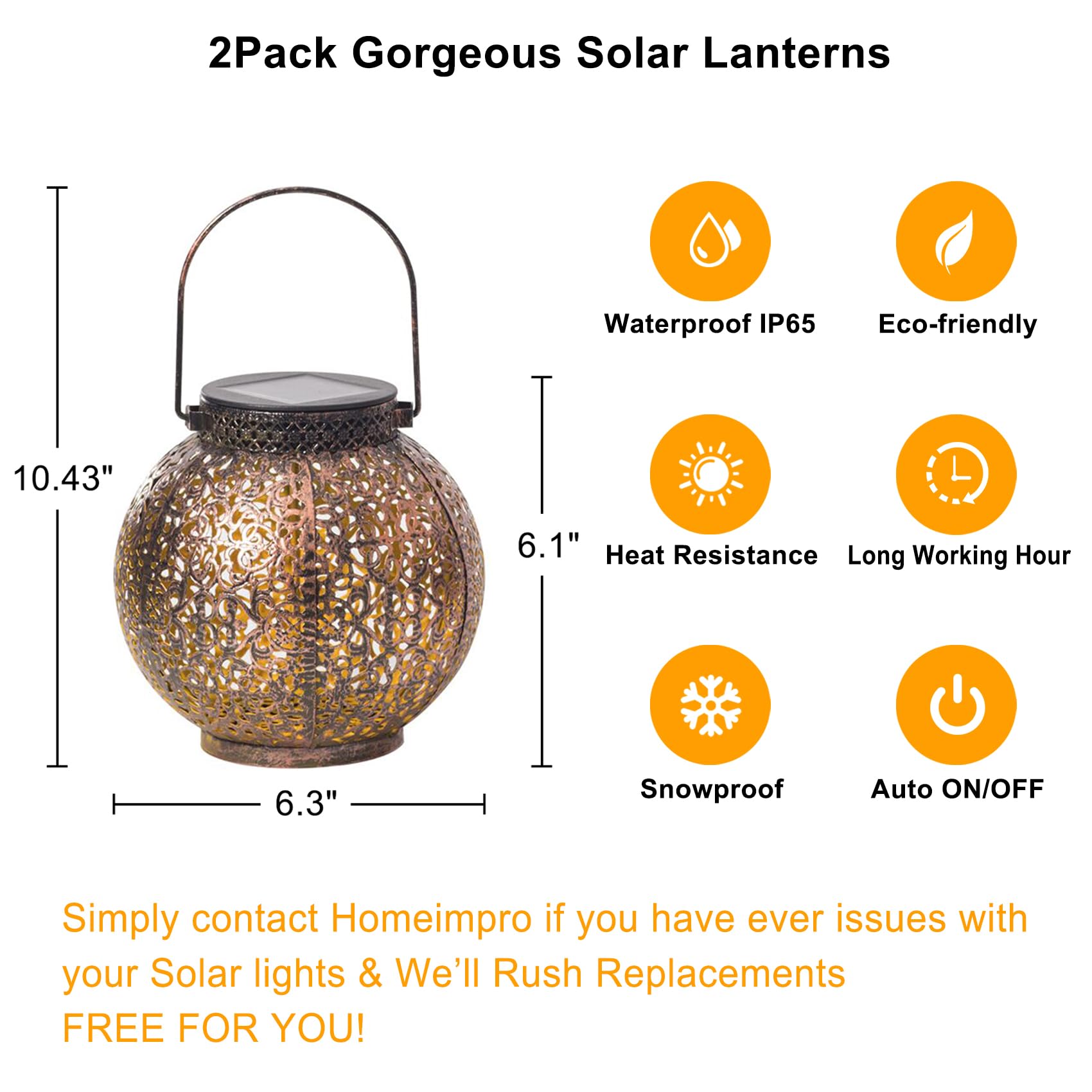 HOMEIMPRO 2Pack Outdoor Solar Lanterns, Waterproof Metal, Antique Bronze, Warm White LED Table Lamp for Garden, Yard, Porch Decor