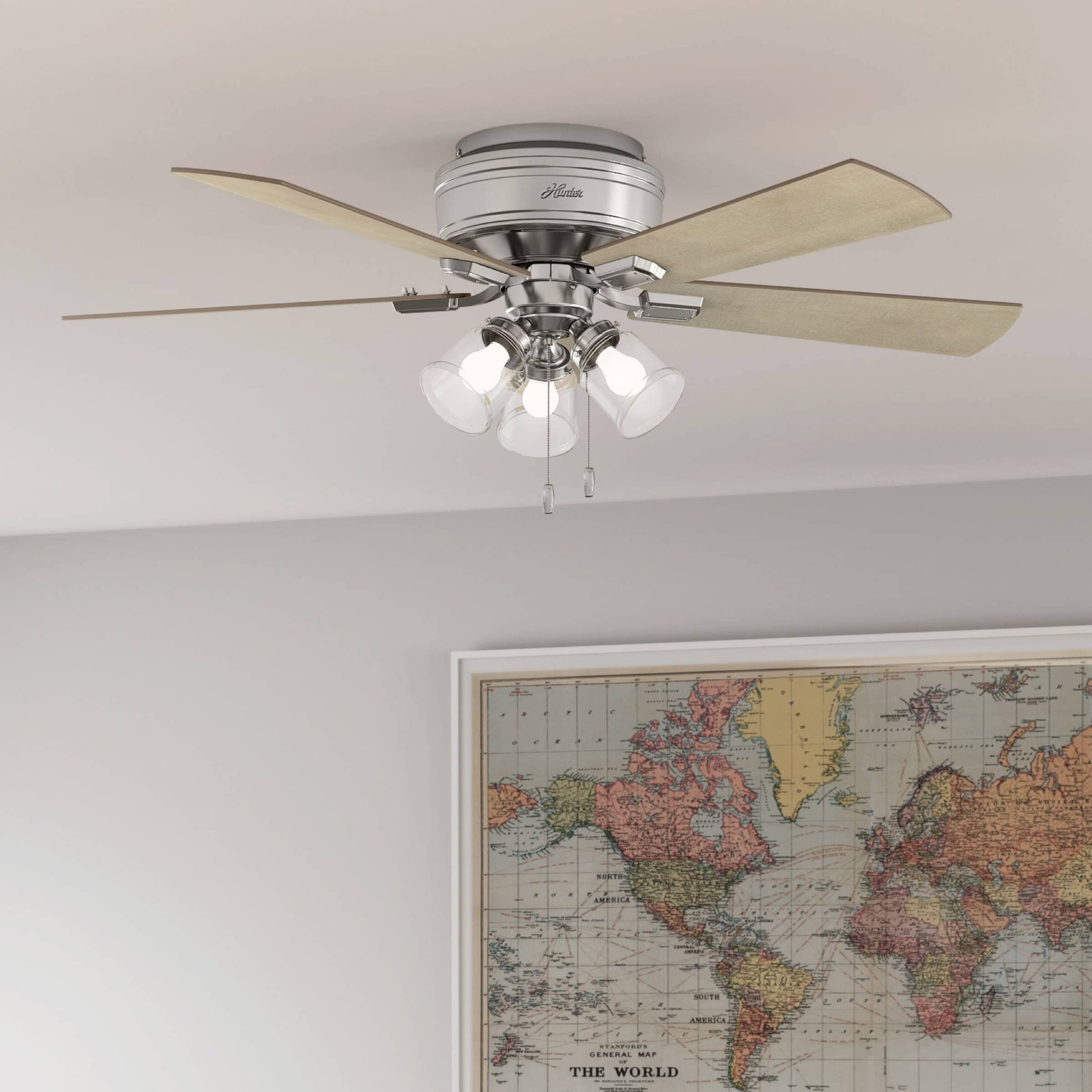 Hunter Fan Company, 54209, 52 Inch Crestfield Brushed Nickel Low Profile Ceiling Fan With Led Light Kit And Pull Chain
