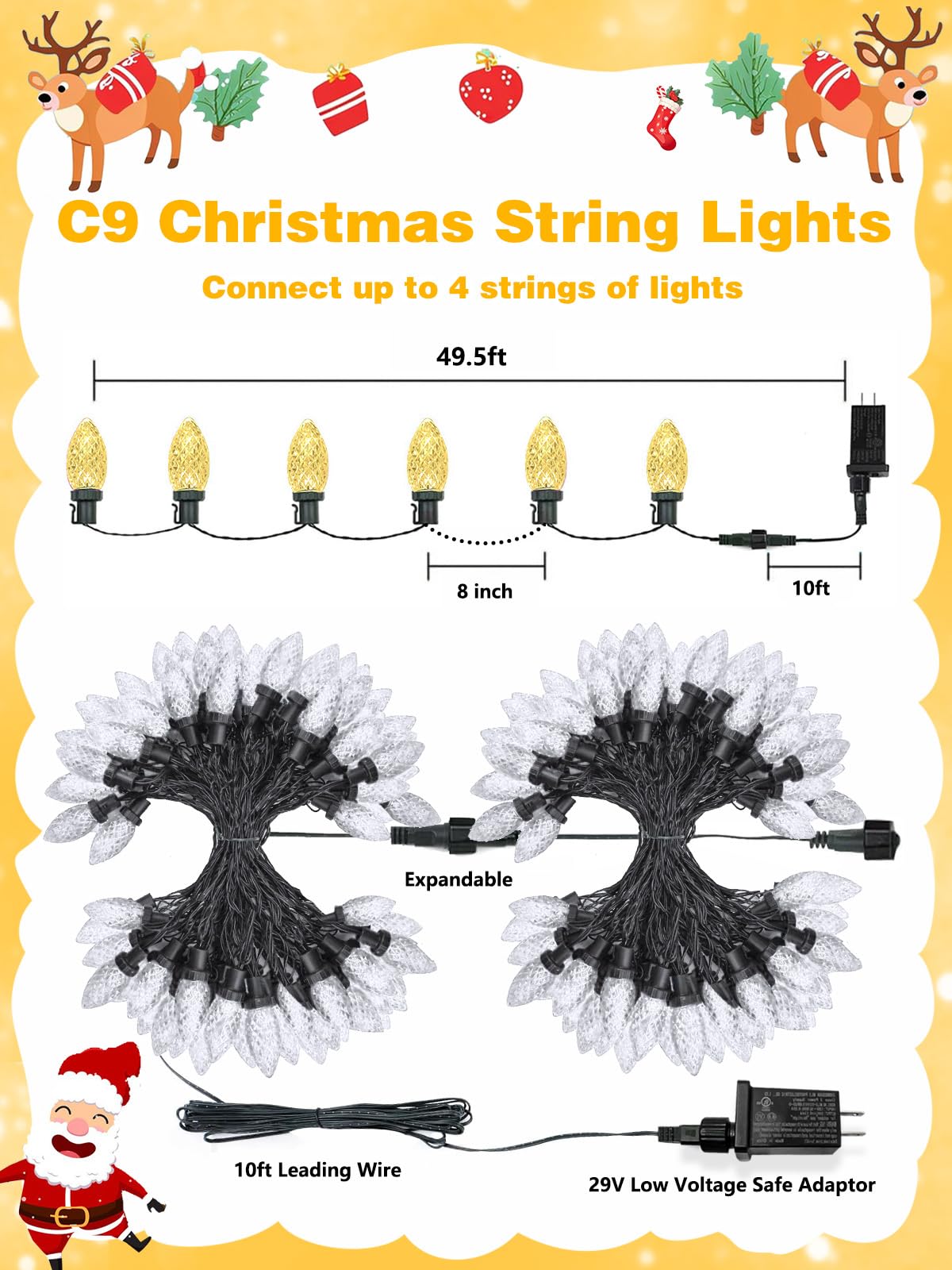 YIQU Warm White C9 Christmas String Lights, 2-Pack, 100LED, 66FT, Green Wire, Waterproof, Indoor/Outdoor, Model MLS-D29V3.6W