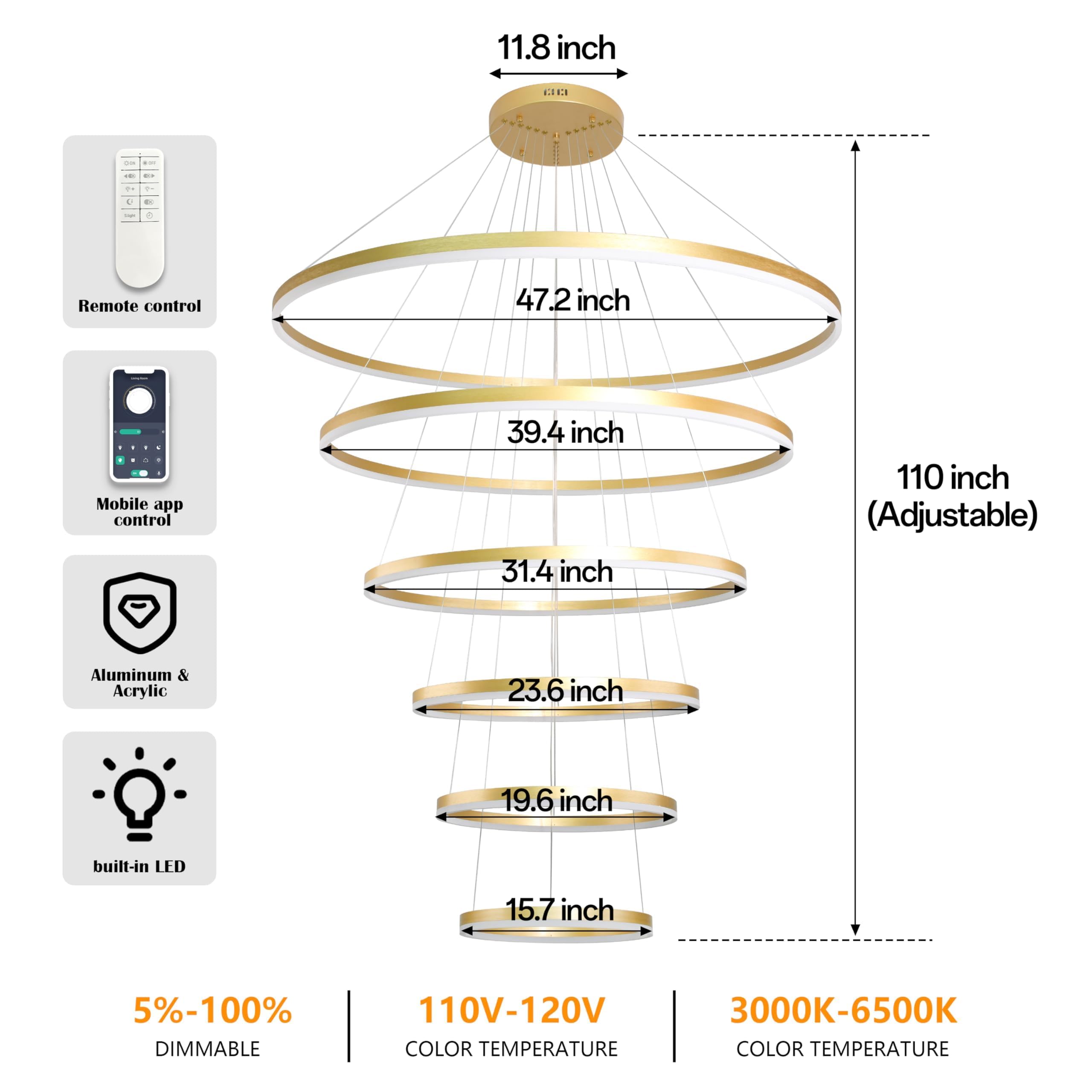 Mccokaige 6 Rings Pendant Lights 47.2'' Modern Gold Led Chandelier Dimmable Height Adjustable Chandeliers Color Temperature Gold