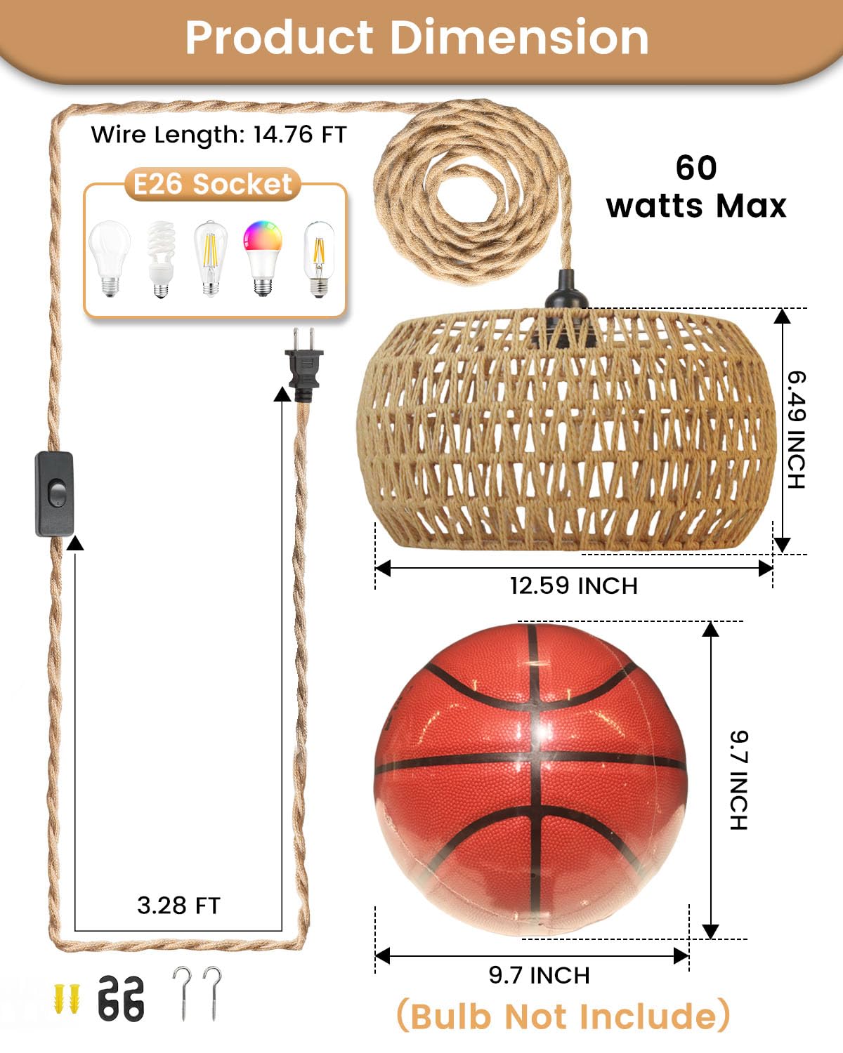 Rattan Boho Hanging Light,12.6'' Natural Hand Woven Fabric Drum Light,Plug Into Wall Outlet Pendant Light Fixture On/Off Switch