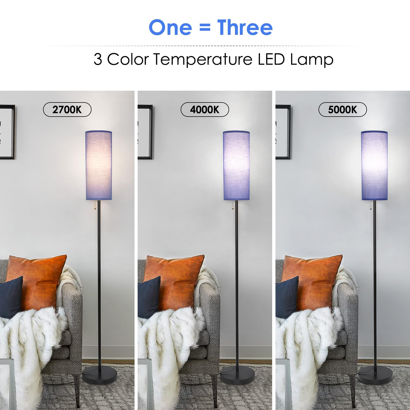 Coucrek Floor Lamp - Modern Standing Pole Lamp, Metal, 3 Color Temperatures, Blue, Model F036-B, Ideal for Living Room, Bedroom, Office
