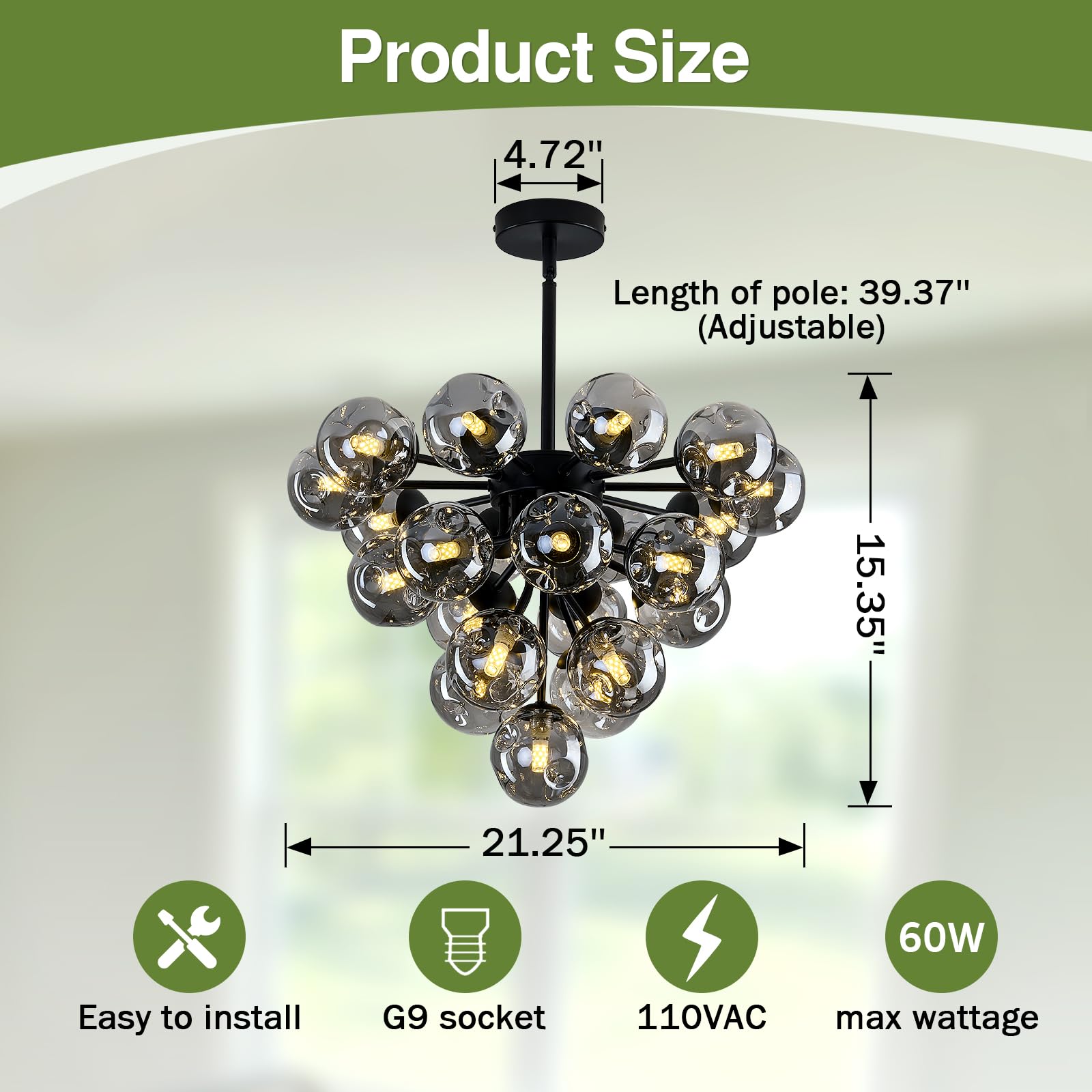 Szxykeji Black Modern Glass Globe Chandelier Mid Century 21-Light Pendant Lights Bubble Sputnik Ceiling Light Fixture For Dining