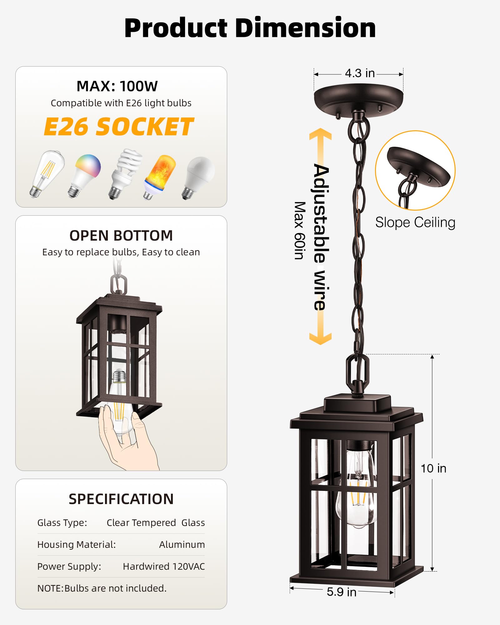 OPAXIS Bronze Hanging Porch Light, Waterproof Outdoor Pendant, Adjustable Chain, Standard Size, Model P83491BR
