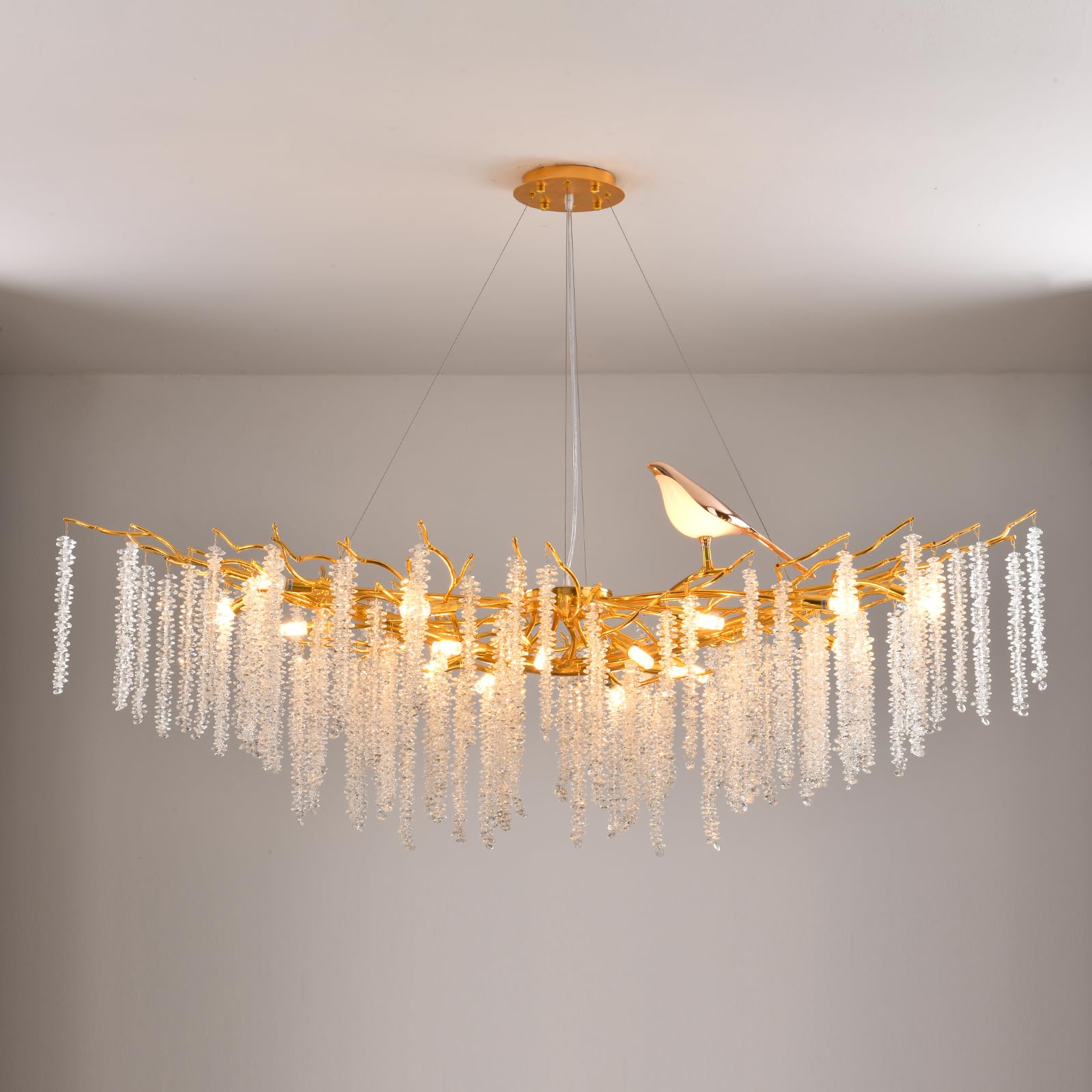 Modern Gold Crystal Chandelier Tree Branch Chandelier L60-Inch 16-Lights Gold Linear Raindrop Hanging Pendant Light Fixture for Dining Living Room Entryway Foyer Stairway Bedroom Hallway (Gold-L60-B)