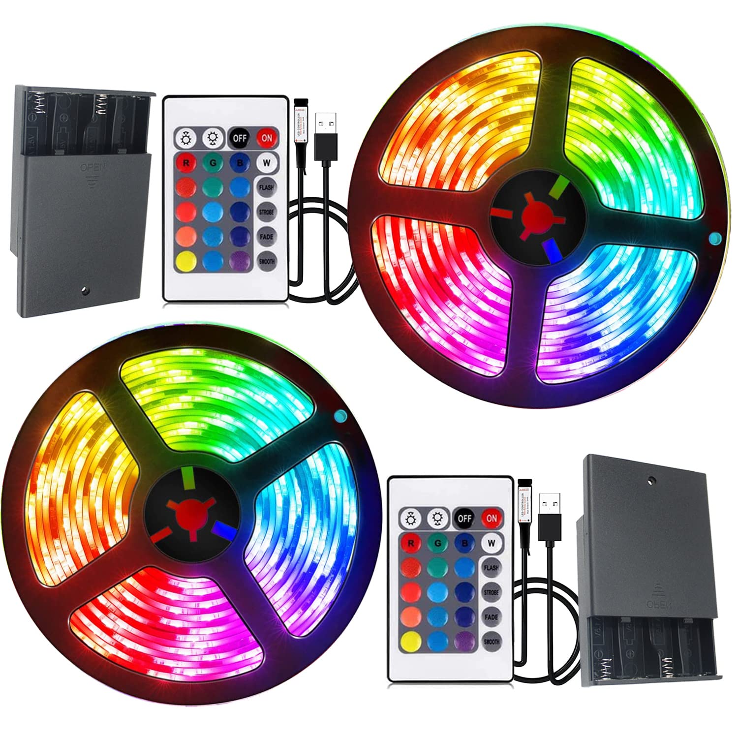 Dervacle Battery Powered Led Strip Lights, 5050 6M/20Ft, Flexible Color Changing Rgb Led Light Strip, 180 Leds 5V Battery-Powered With Controller