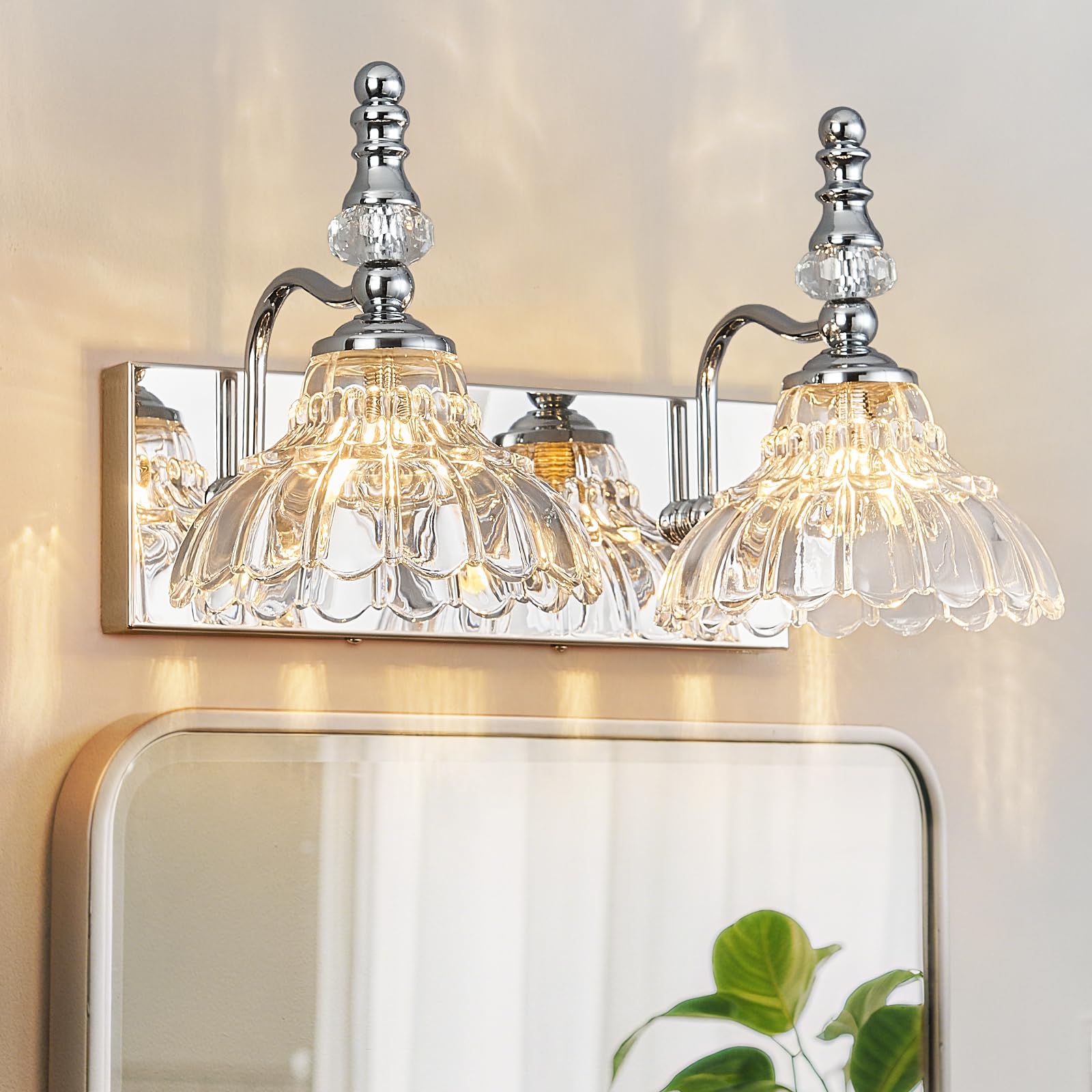 Lbsqj Vintage Bathroom Vanity Light  2-Light Chrome Vanity Lighting Fixture With Flower Glass Shade  Bathroom Lighting Fixtures Over Mirror