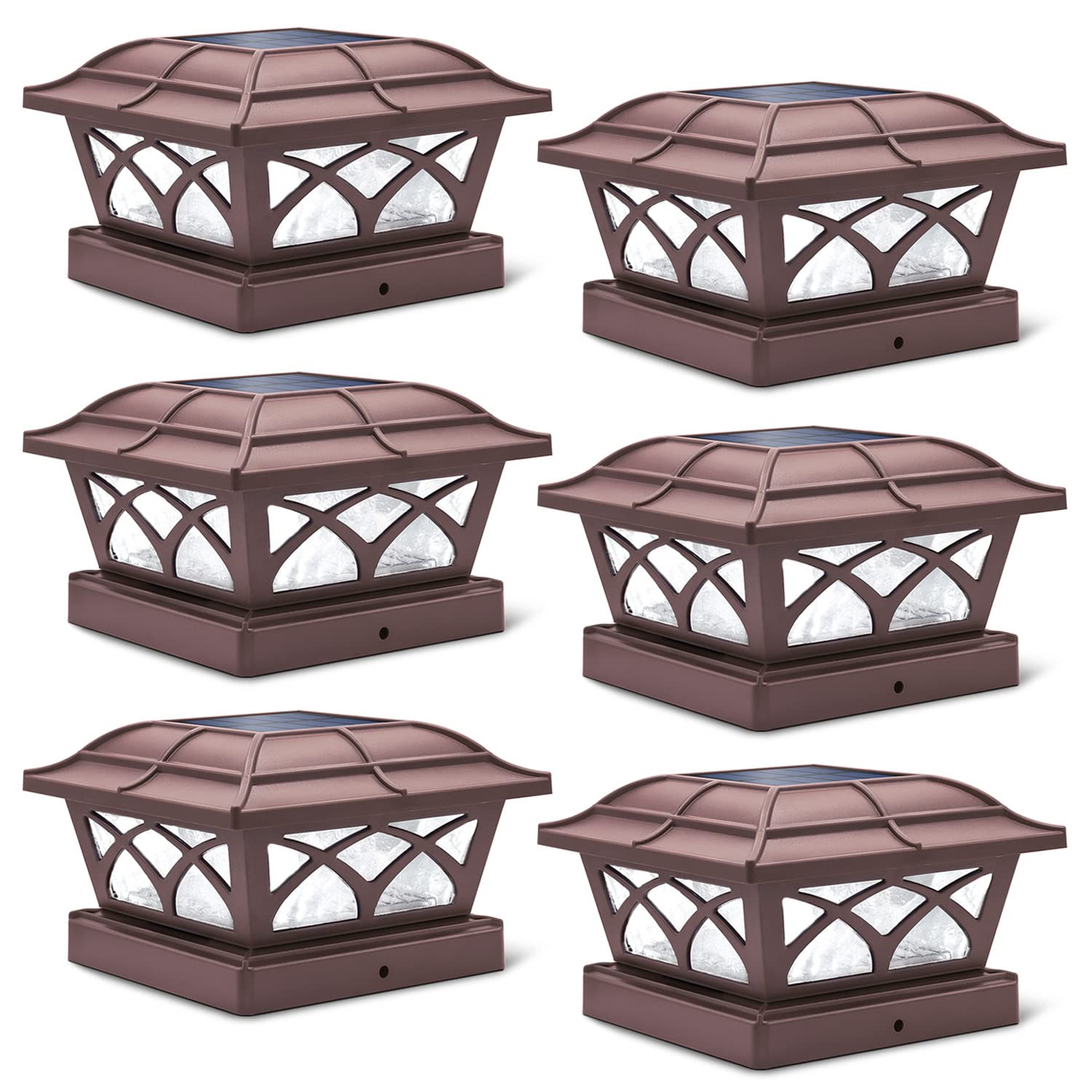 SIEDiNLAR Solar Post Cap Lights, 8 LEDs, Warm & Cool White, Glass, Brown, 6 Pack, for 4x4 5x5 6x6 Posts