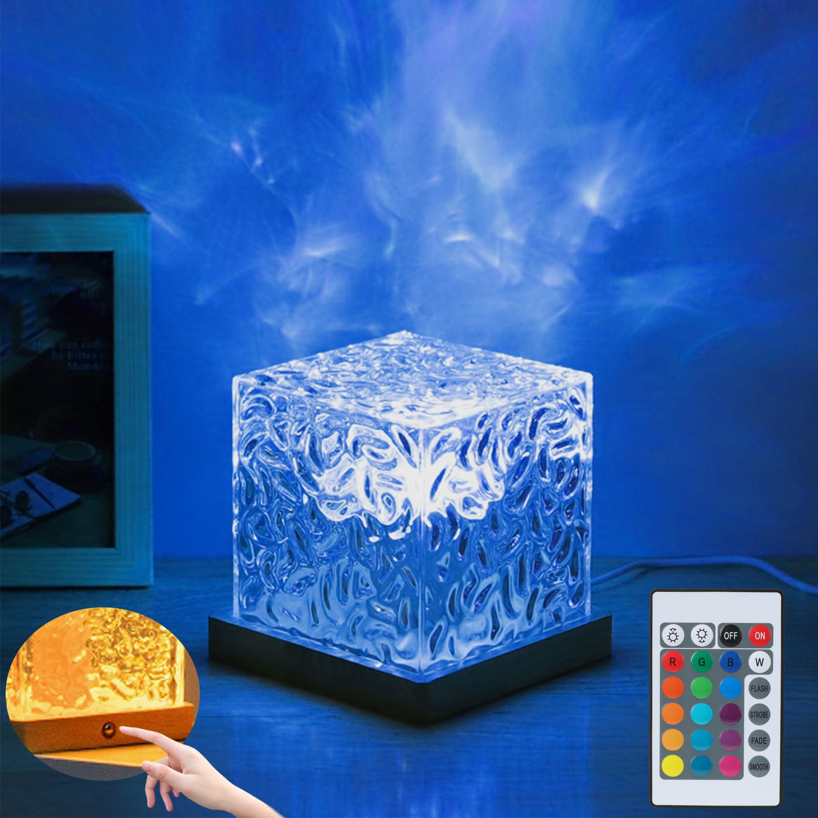 Aurora Ocean Wave Lights Projector Corded,16 Colors Changing Light Touch Dimmable Mood Lighting, Remote Crystal Night Lamp with 