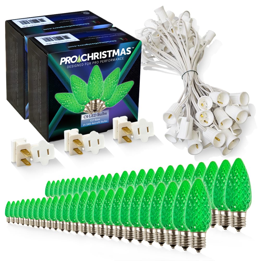 Pro Christmas C9 LED Christmas Light Kit for Rooflines & Pathways - DIY Cut to Length  Outdoor Commercial Grade (White Wire w/Vampire Plugs  50 Bulbs  50 ft) Green