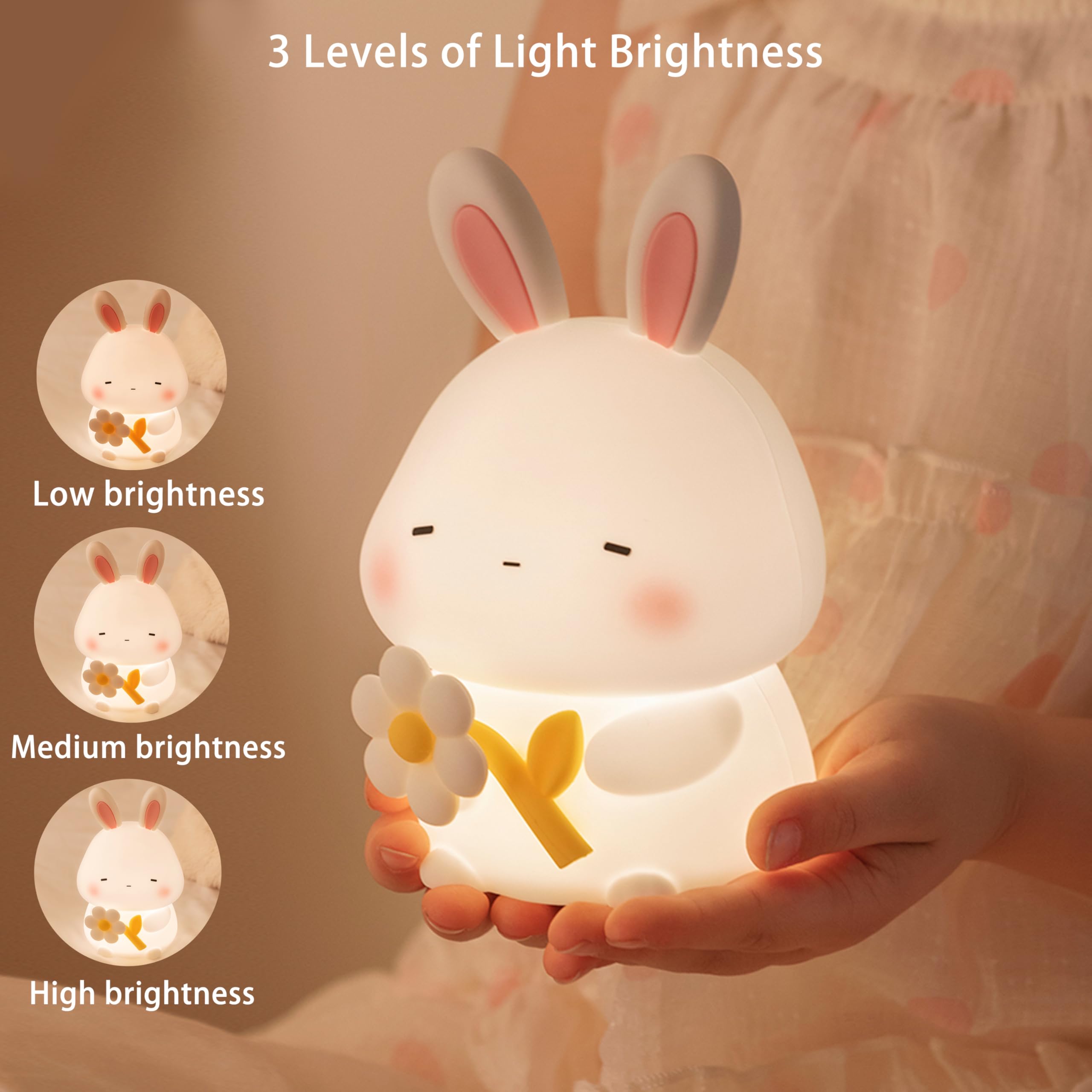 Myratts Led Cute Bunny Night Light, Dimmable Nursery Kawaii Lamps, Super Squishy Silicone USB Rechargeable Touch Control Night L